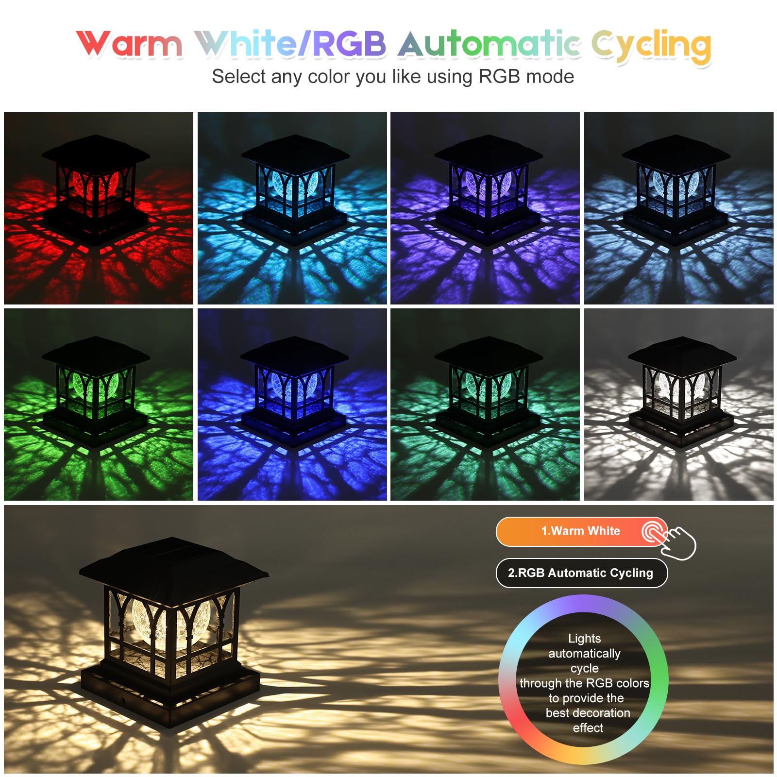 Aeyanzz Fence Post Solar Lights, Crackle Glass Solar Post Cap Lights, 20 Lumens, Warm White & Rgb Automatic Cycling 2 Modes For