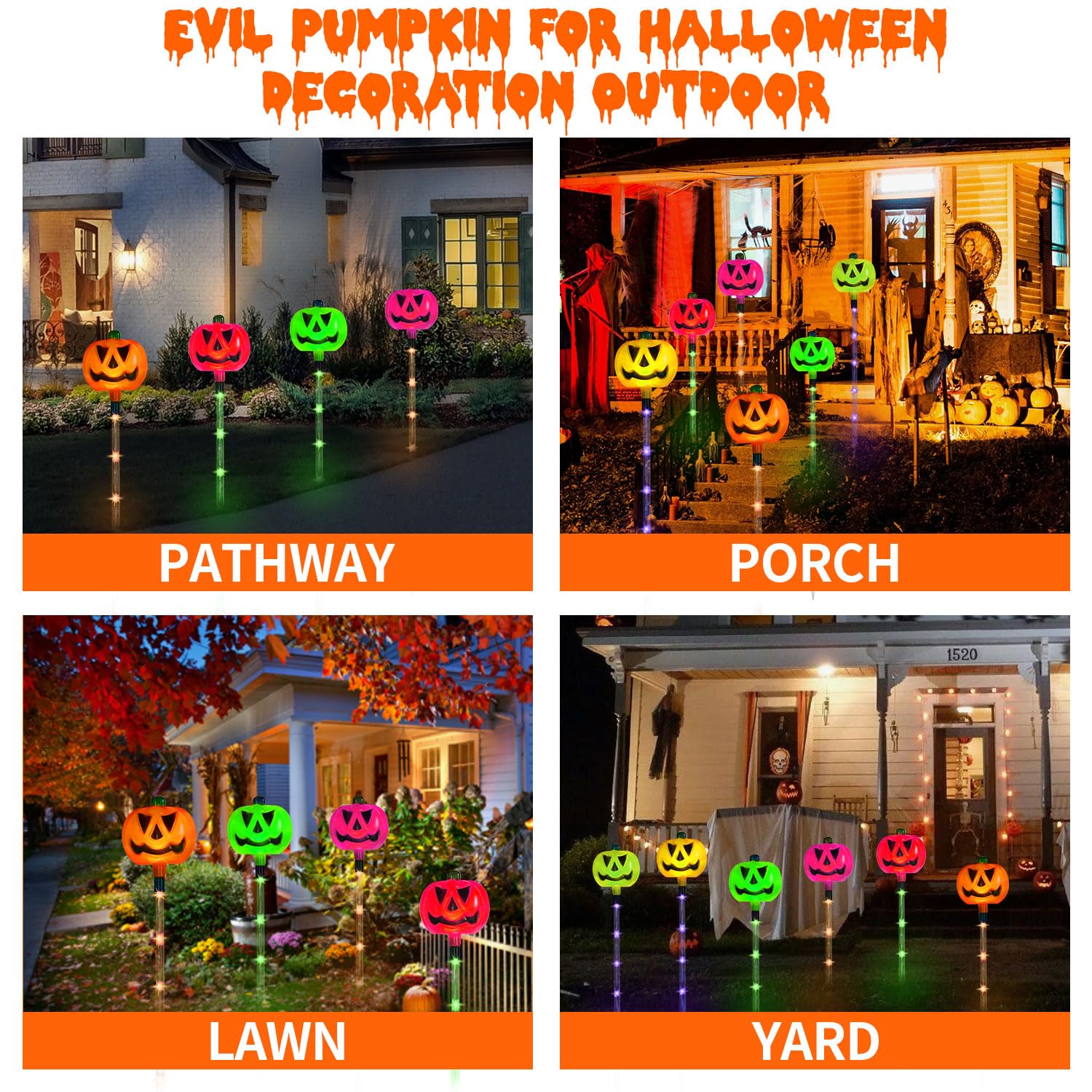 Aovciust 6-Pack Solar Pumpkin Stake Lights, Multi-Color Waterproof Halloween Outdoor Decorations, Model HD001