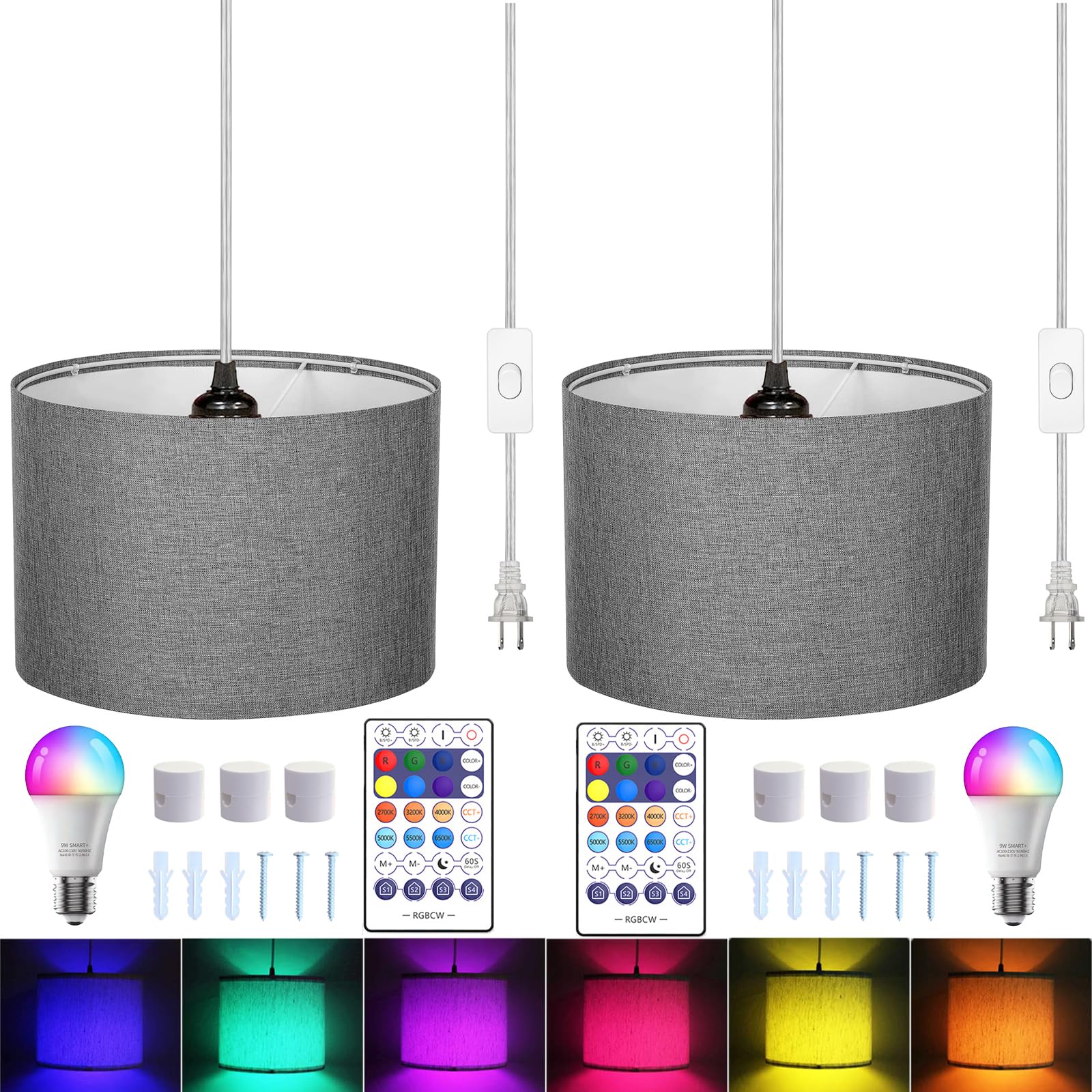 ZSLAIFU 15FT Plug-in Pendant Light with Switch, Remote Control, Grey x2, Model PL001, Plastic Material