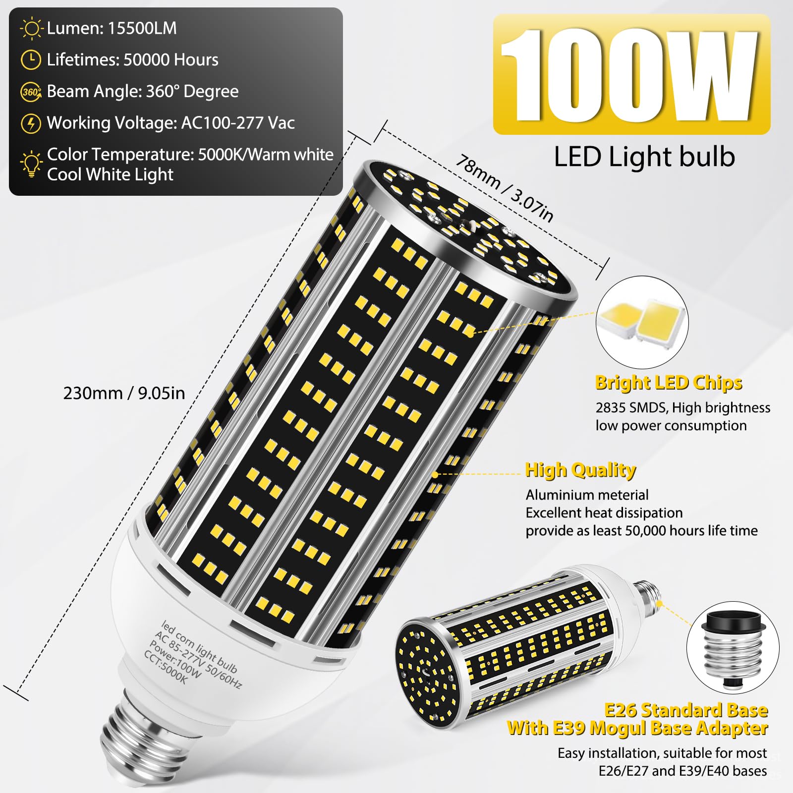 100W 2 Pack Led Corn Light Bulb,(1000W Equivalent )Commercial Grade Daylight 5000K E26/E39 14200Lm Medium Mogul Base Led Lamp,La