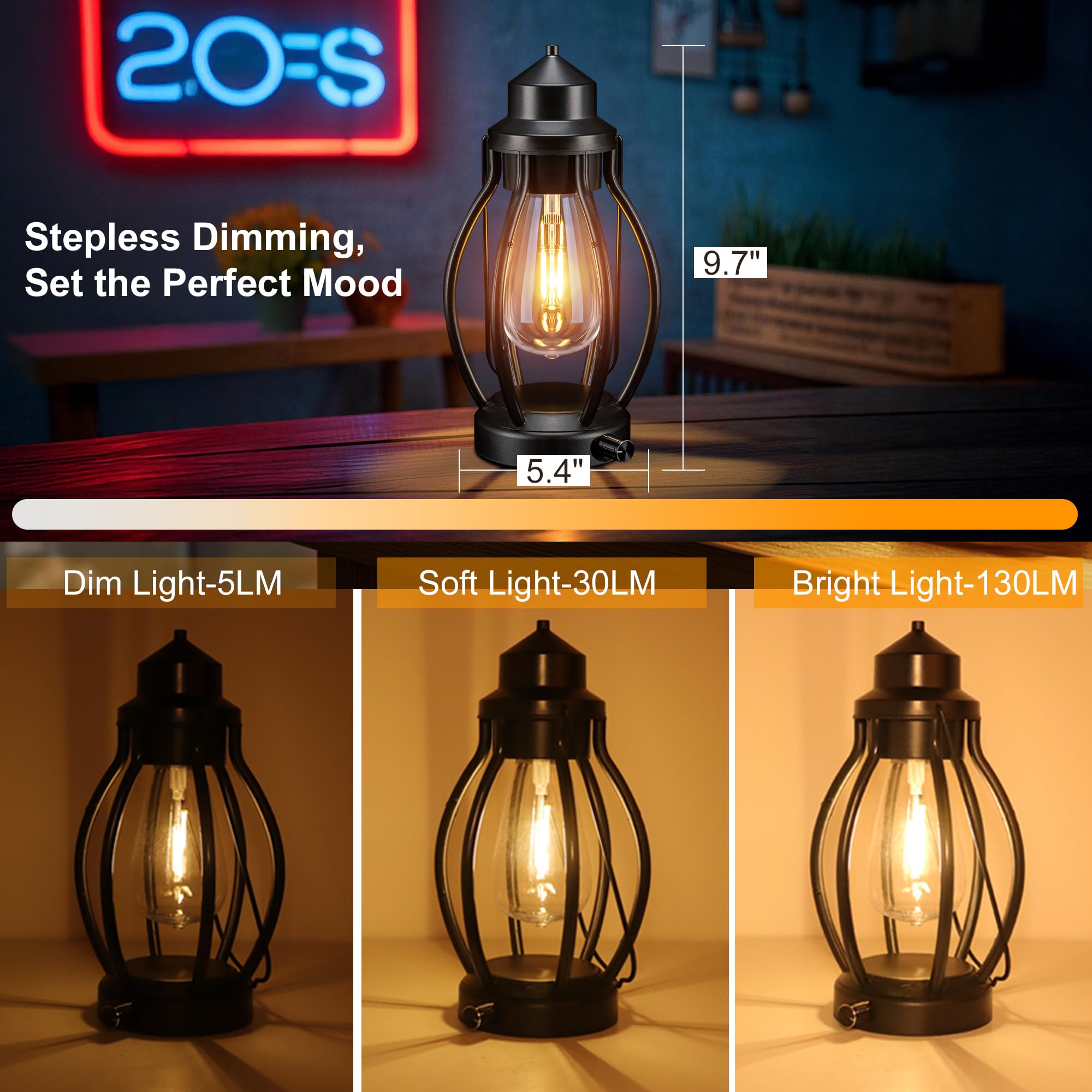 pearlstar Rechargeable LED Lanterns, 2 Pack Vintage Portable, Fully Dimmable, Black, Model 1710 for Outdoor & Indoor Use