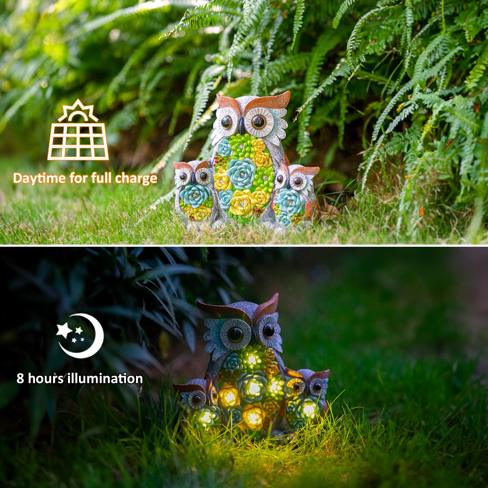 Candieslife Solar Garden Statue Lights Owl Figurine With Led Lights, Outdoor Garden Succulent Ornaments Waterproof Decoration Fo