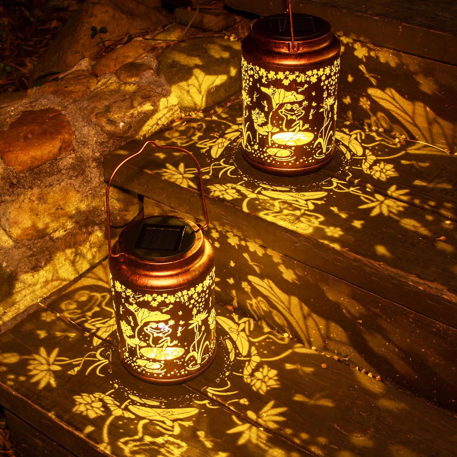 YISITEONE Frog Solar Lanterns 2 Pack, Waterproof Metal Hanging Lights for Patio, Brown, Model ES04250600008