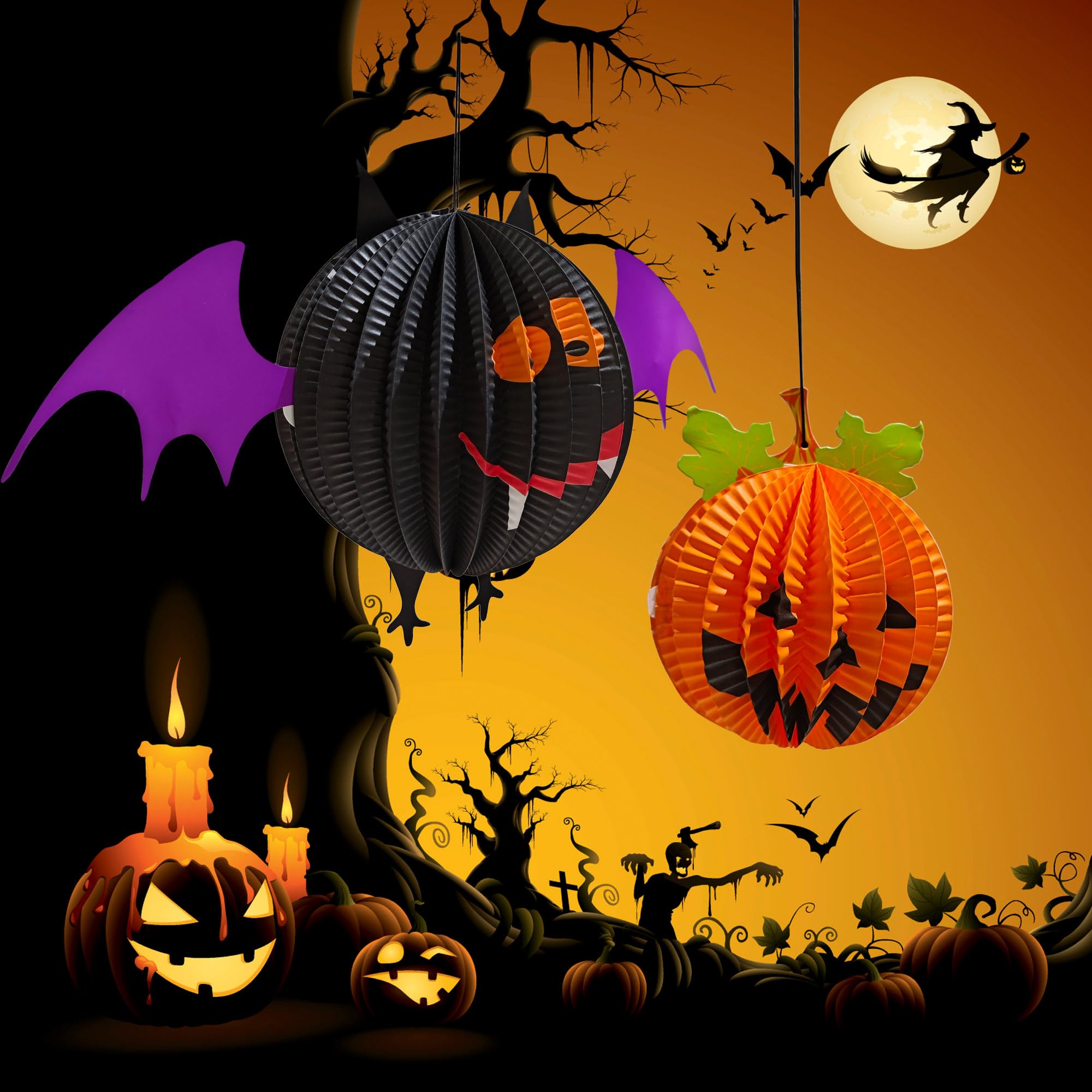 AIMI Halloween Party Decorations 6 Pack, Large 12-20Inch Hanging Paper Lanterns 3D Folding Pumpkins Spiders Ghosts Bats Hallowee