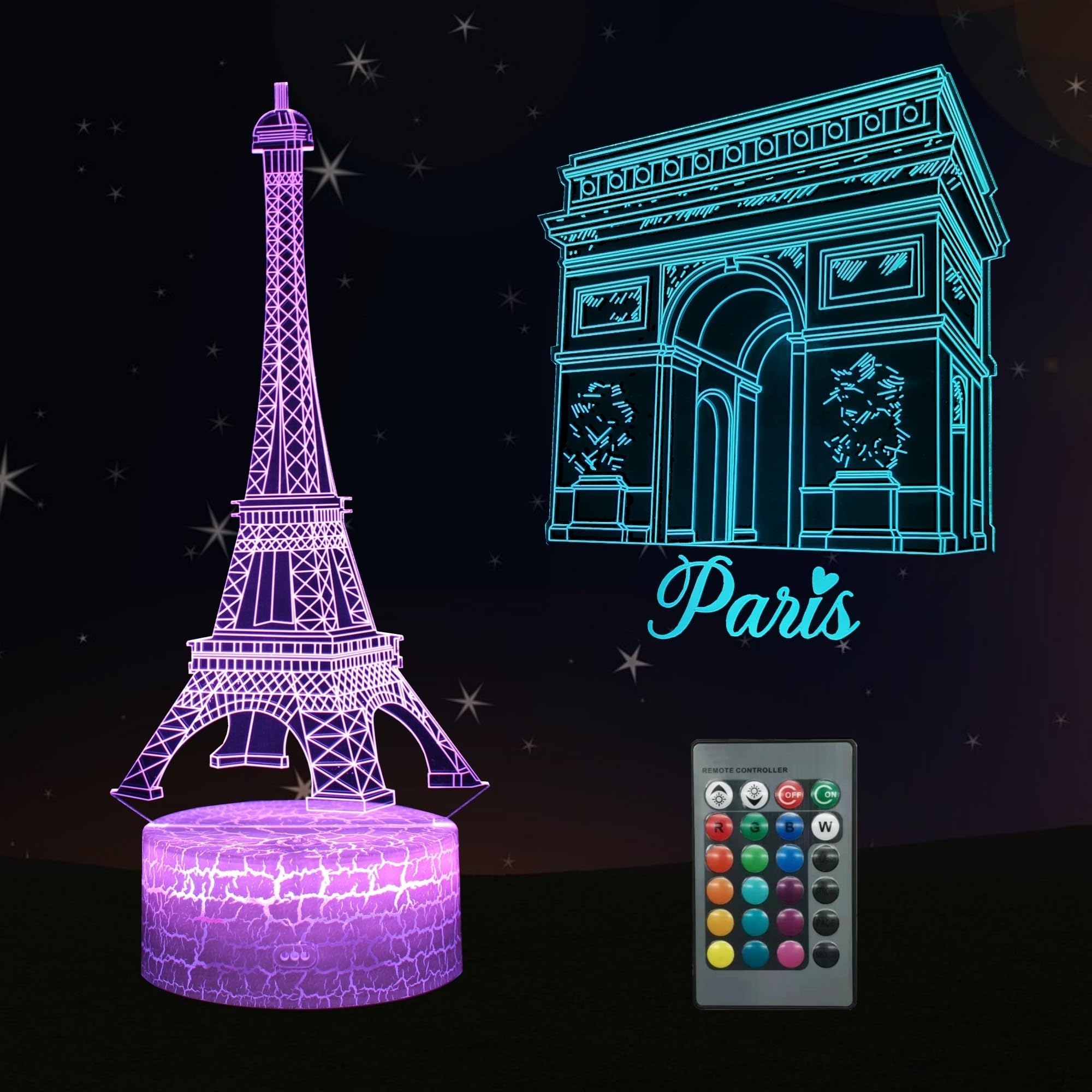 Kenmaca Night Light Eiffel Tower, Arch of Triumph Paris Themed Bedroom Decor 2 Patterns 3D Illusion Lamp, 16 Color Change Dimmab