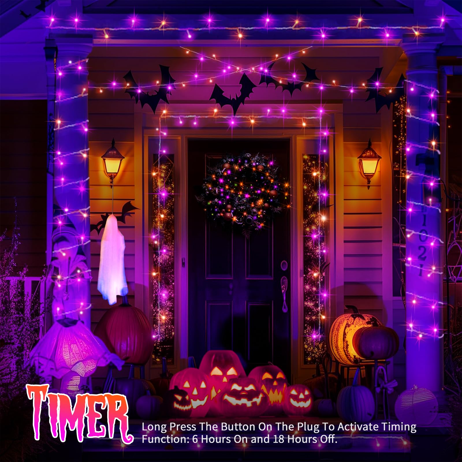 Jxledayy 66 Ft 200 Led Halloween Lights Outdoor Decorations Waterproof Fairy String Lights Plug In With Remote Timer 8 Modes For Outside House Tree Bush Garden Yard Party Decor-Purple & Orange