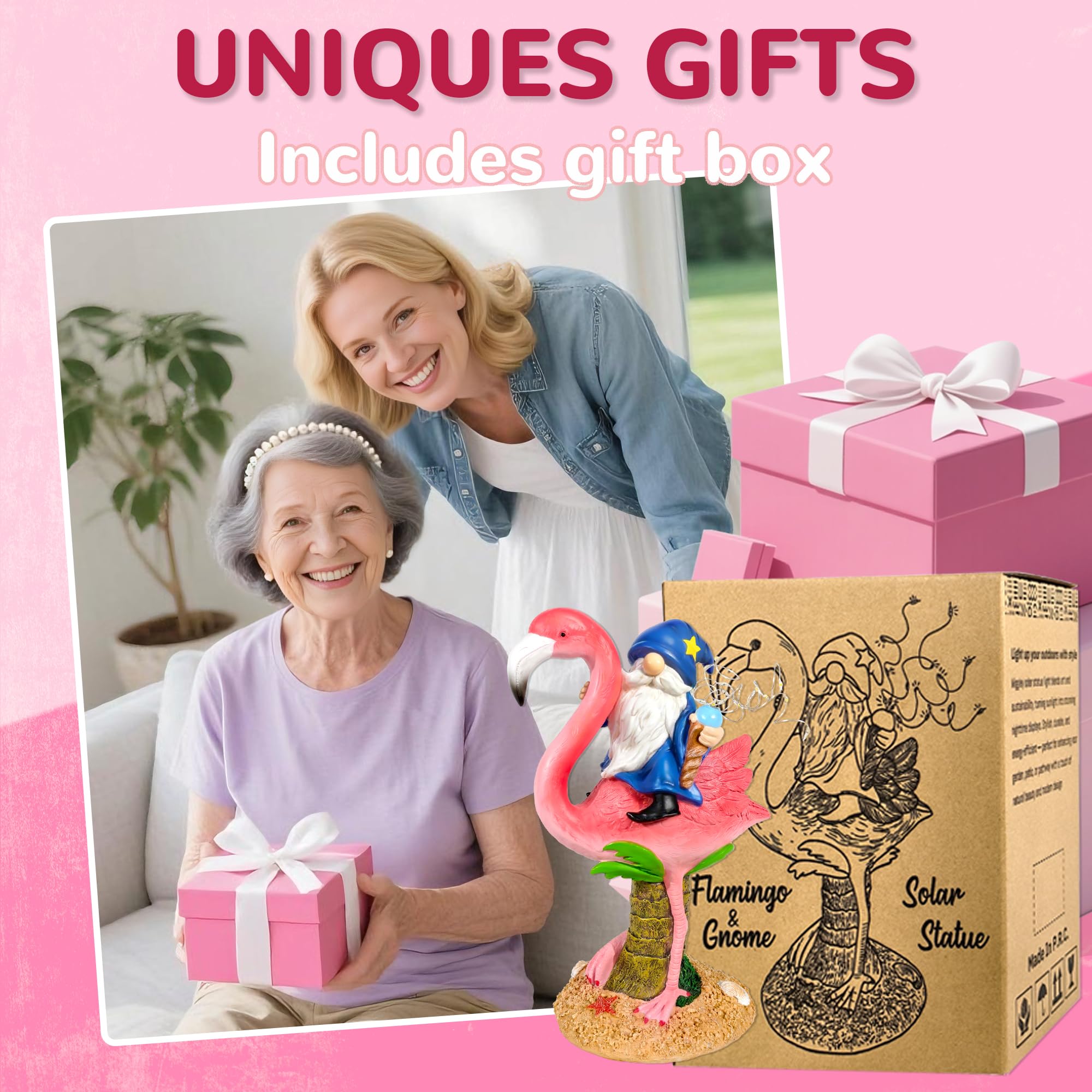 Funny Flamingo Gnome Solar Garden Statue with LED Light - Outdoor Yard Lawn Patio Decor - Great Birthday Housewarming Gift for W