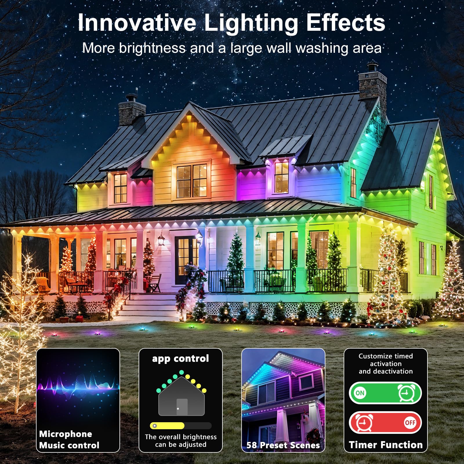 RCUICA 500FT Waterproof Outdoor Lights with Smart App Control, RGB Color, DIY Scenes, Music Sync, Perfect for Garden & Deck Decor