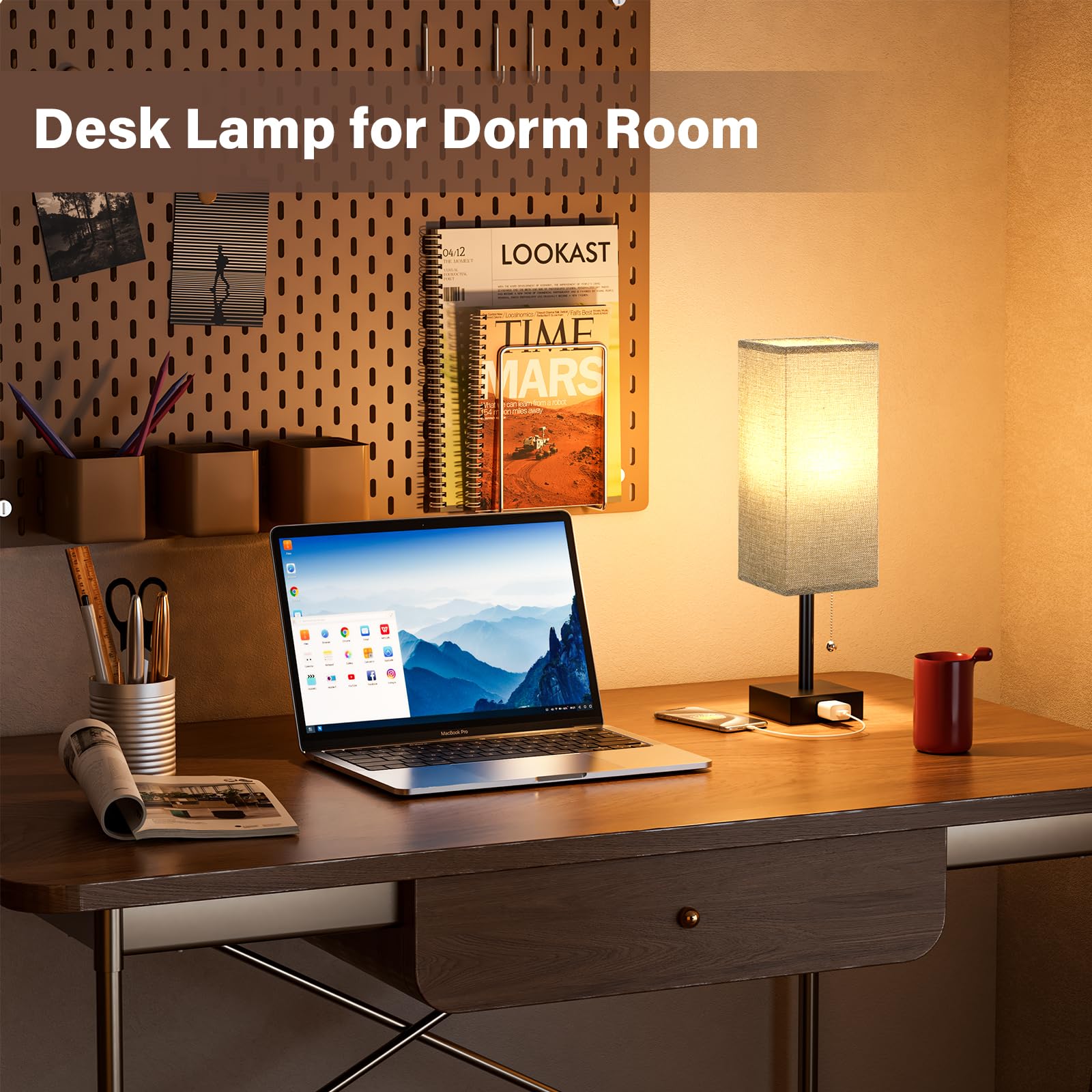 Grey Bedside Lamps For Bedroom Set Of 2 - Small Nightstand Lamp With Ac Outlet Charging Port, 3 Color Temperatures Rectangular D