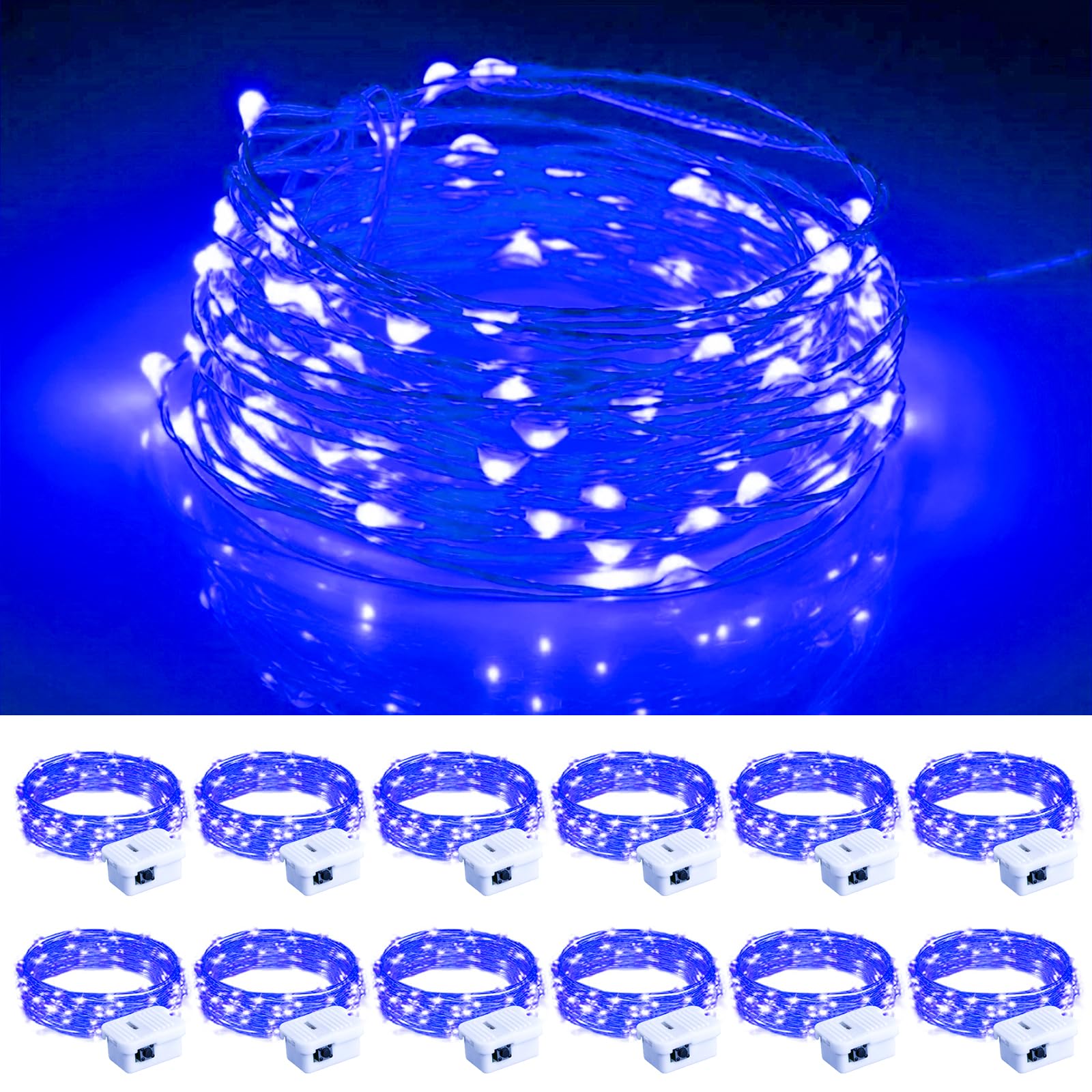 chzk Fairy Lights 12 Pack, 7FT 20 LED Mini String Lights, Battery Operated, Blue, Model D11-BKDC
