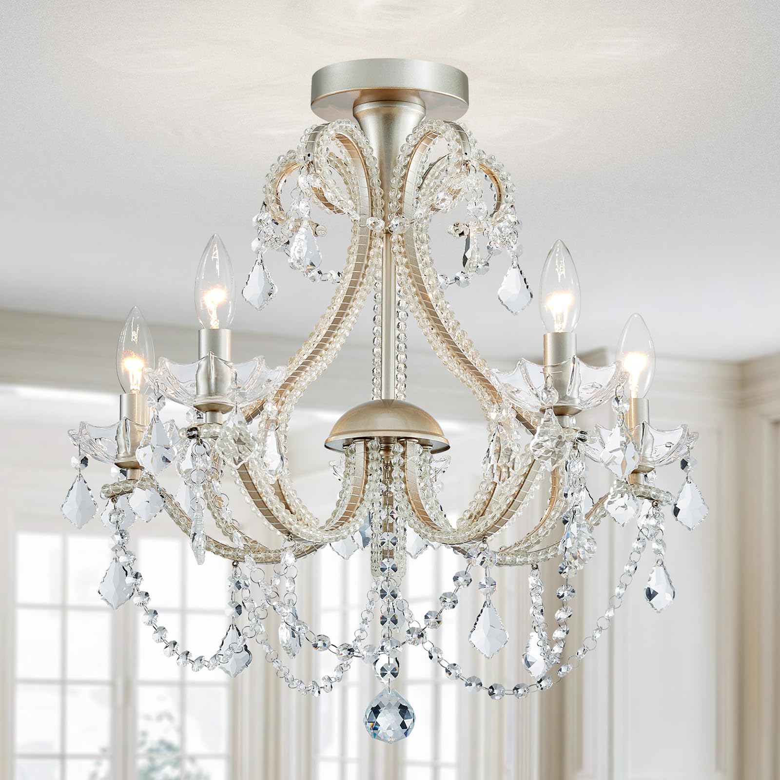 Wuzups 5-Light Crystal Candle Chandelier Flushmount Ceiling Light Modern Lighting Fixture For Bedroom Hallway Bar Kitchen Bathro