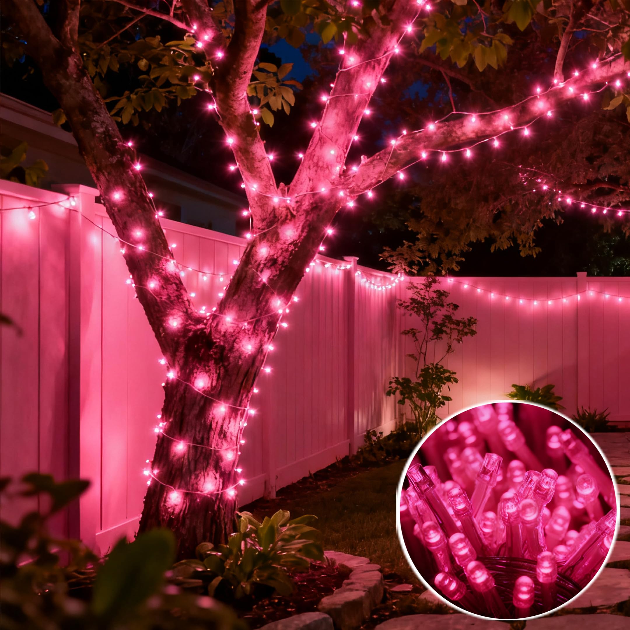 Vtechology 66Ft 200Led Pink Christmas Tree Lights Plug In 8 Modes Connectable Pink String Light Indoor Outdoor For Christmas Tree Bedroom Garden Decor (Clear Wire)