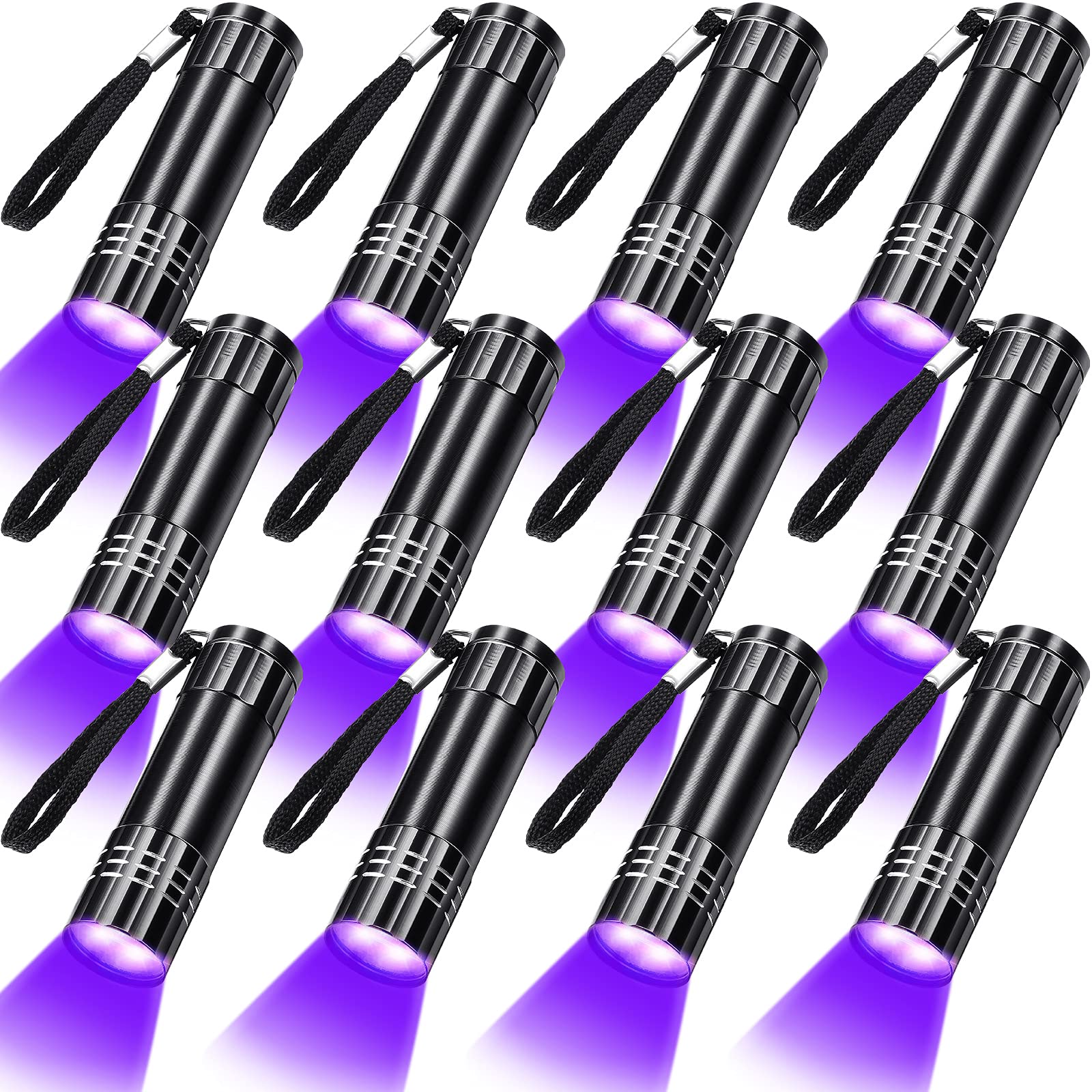 Riakrum 12-Pack LED UV Blacklight Flashlight, 395nm, Portable Mini, Aluminum, Black, Model Riakrum-Light-91