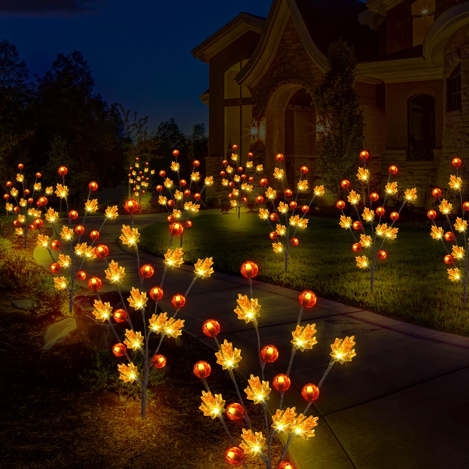 Behiller Fall Decor Solar Garden Lights - 4 Pack 80Led Pumpkin & Maple Leaf For Thanksgiving