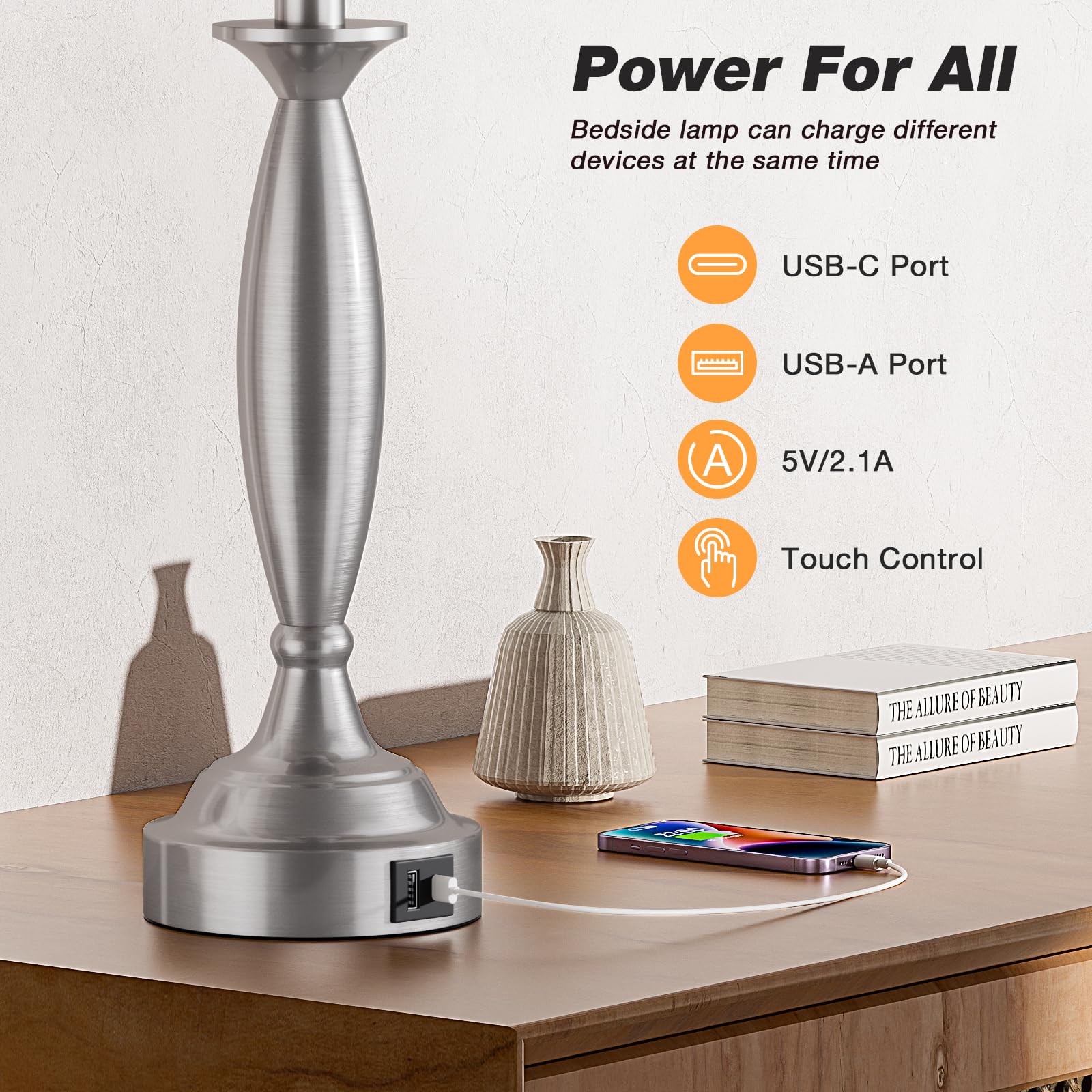 Seealle Touch Bedside Lamps Set of 2 - 3 Way Dimmable, USB Ports, 22.5in Brushed Nickel, Mottled Gray Shade
