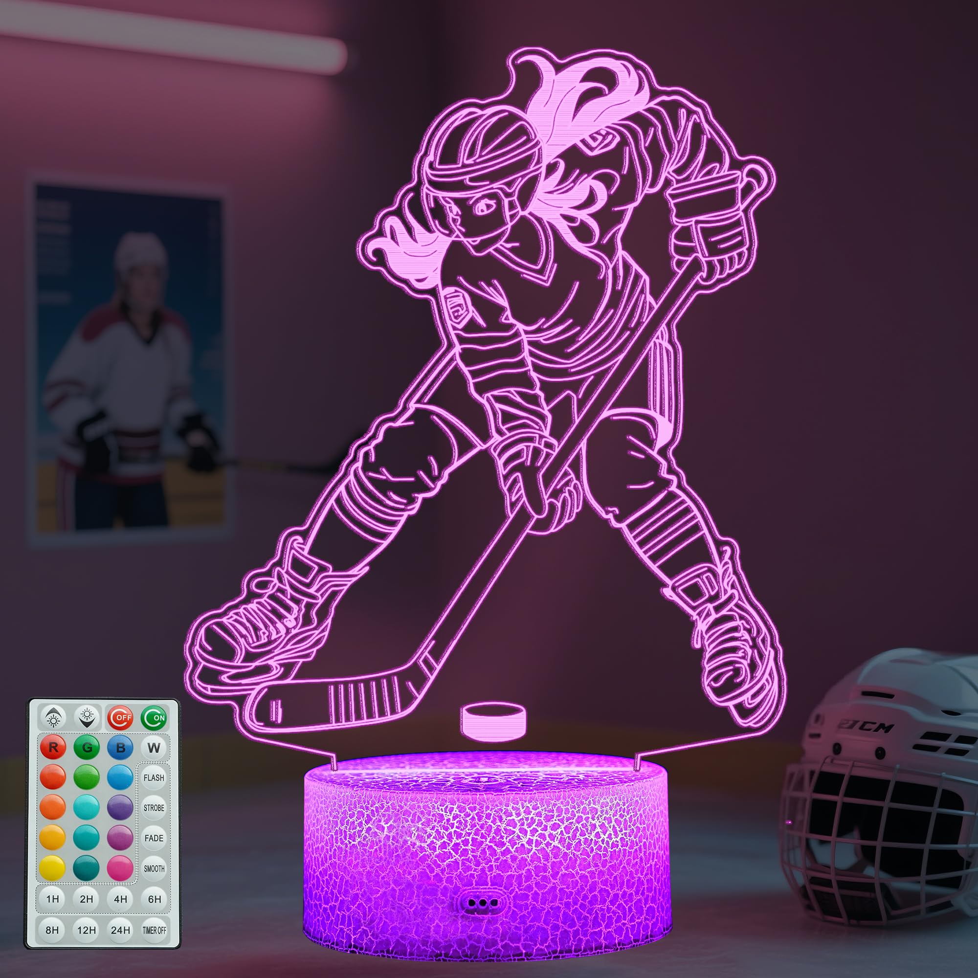 POSSHE Hockey Night Light, Hockey Gifts for Girl, 3D Night Light with Remote Control, 16 Colors Changing, RGB Flashing Mode, Tim