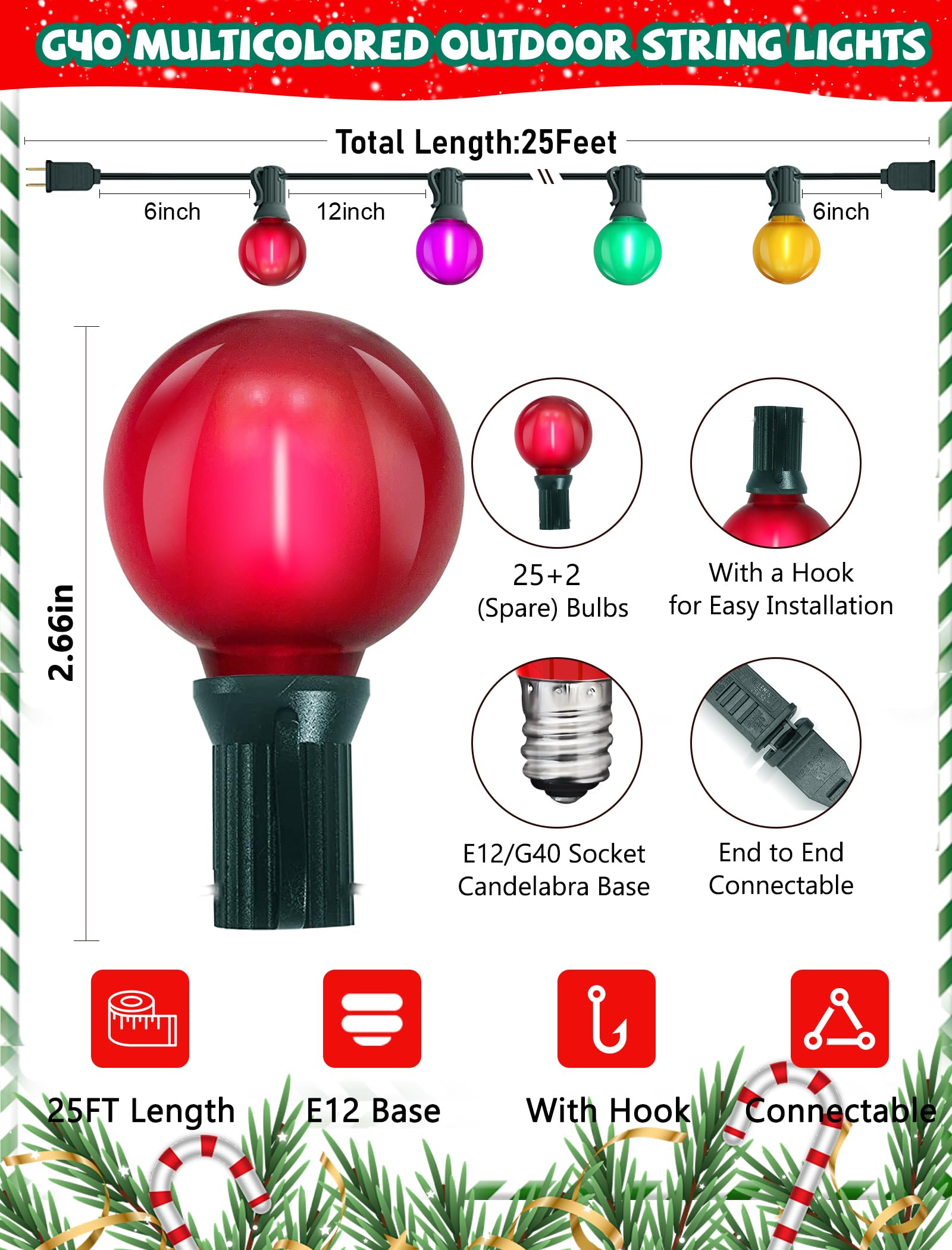 Xingzd 25Ft Led Christmas Outdoor String Lights  G40 Globe Lights With 27 0.6W Multicolor Bulbs  Vintage Christmas Lights For Holiday Party Backyard Wedding Garden Patio Porch Decor  Green Wire