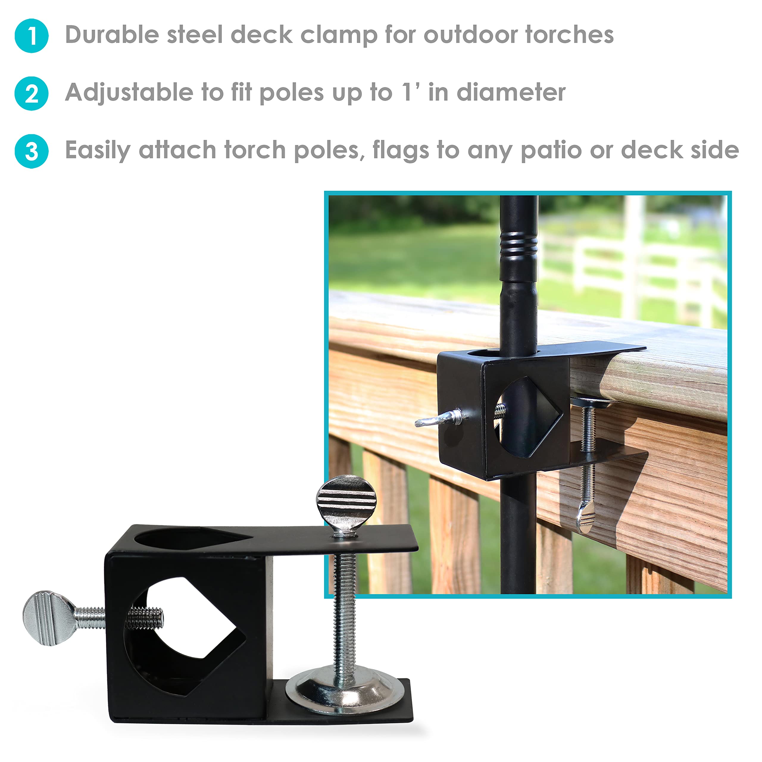 Sunnydaze Outdoor Torch Mount Holder, Black Steel Deck Clamp - 4 X 1.75 X 2.25, Model Wko-172