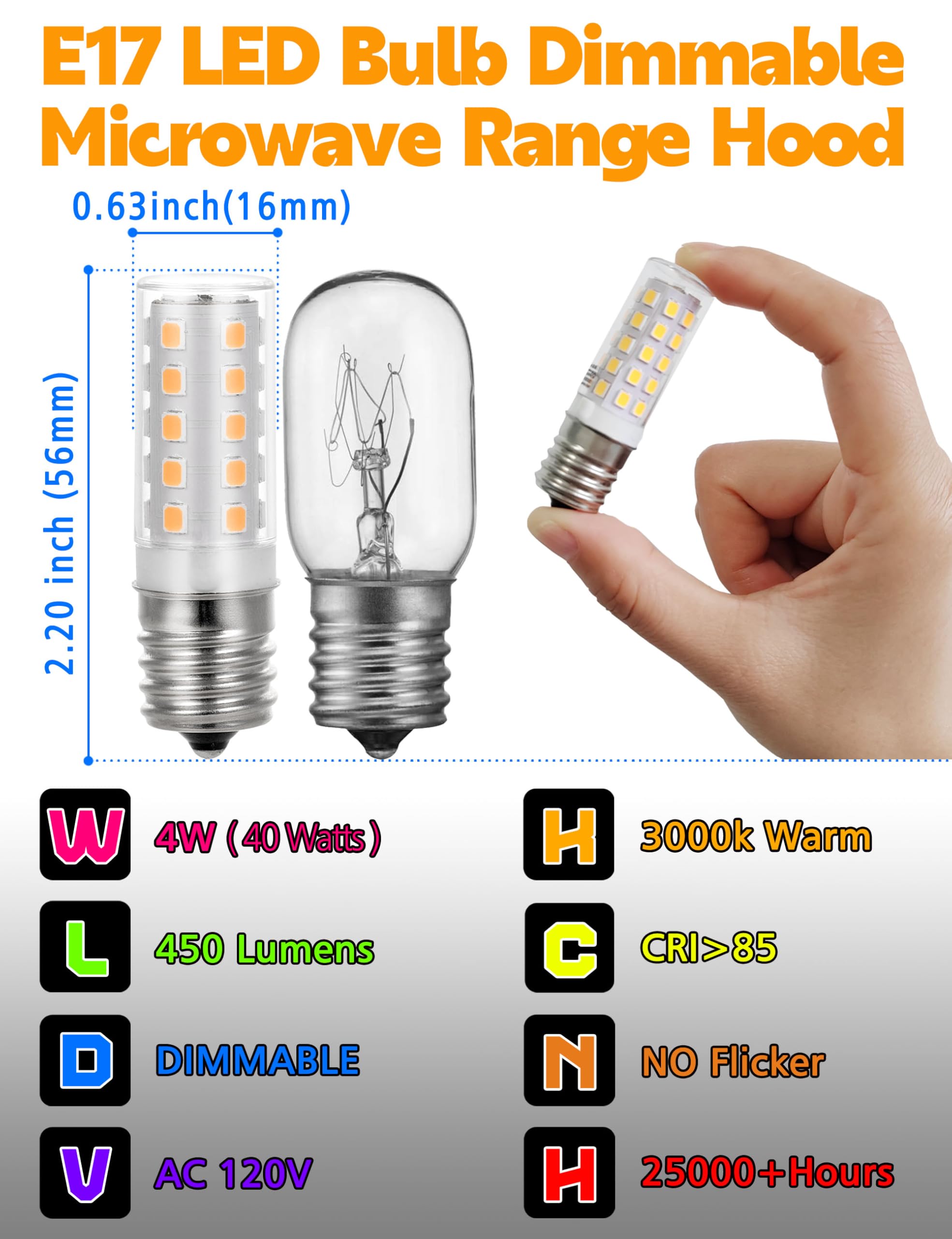 Xyanmc Microwave Oven Stove Bulb, E17 Led Dimmable Under Hood Microwave Bulb 40W Equivalent, 8206232A T7 E17 Intermediate Base 3