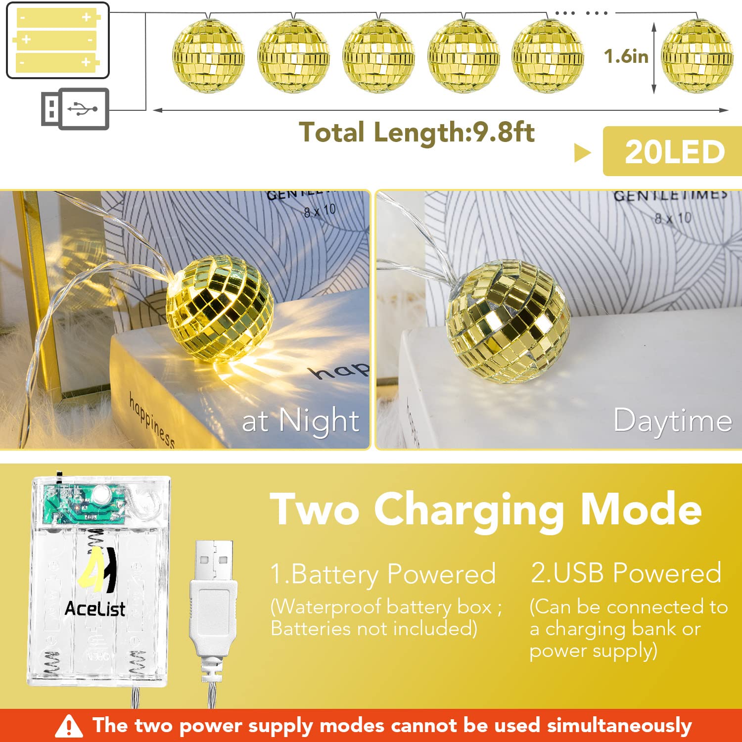 AceList Disco Ball String Lights - 20 LED, Battery Powered/USB, Gold, Model GZ-LT301BY-20-FBA, Perfect for Parties and Decorations