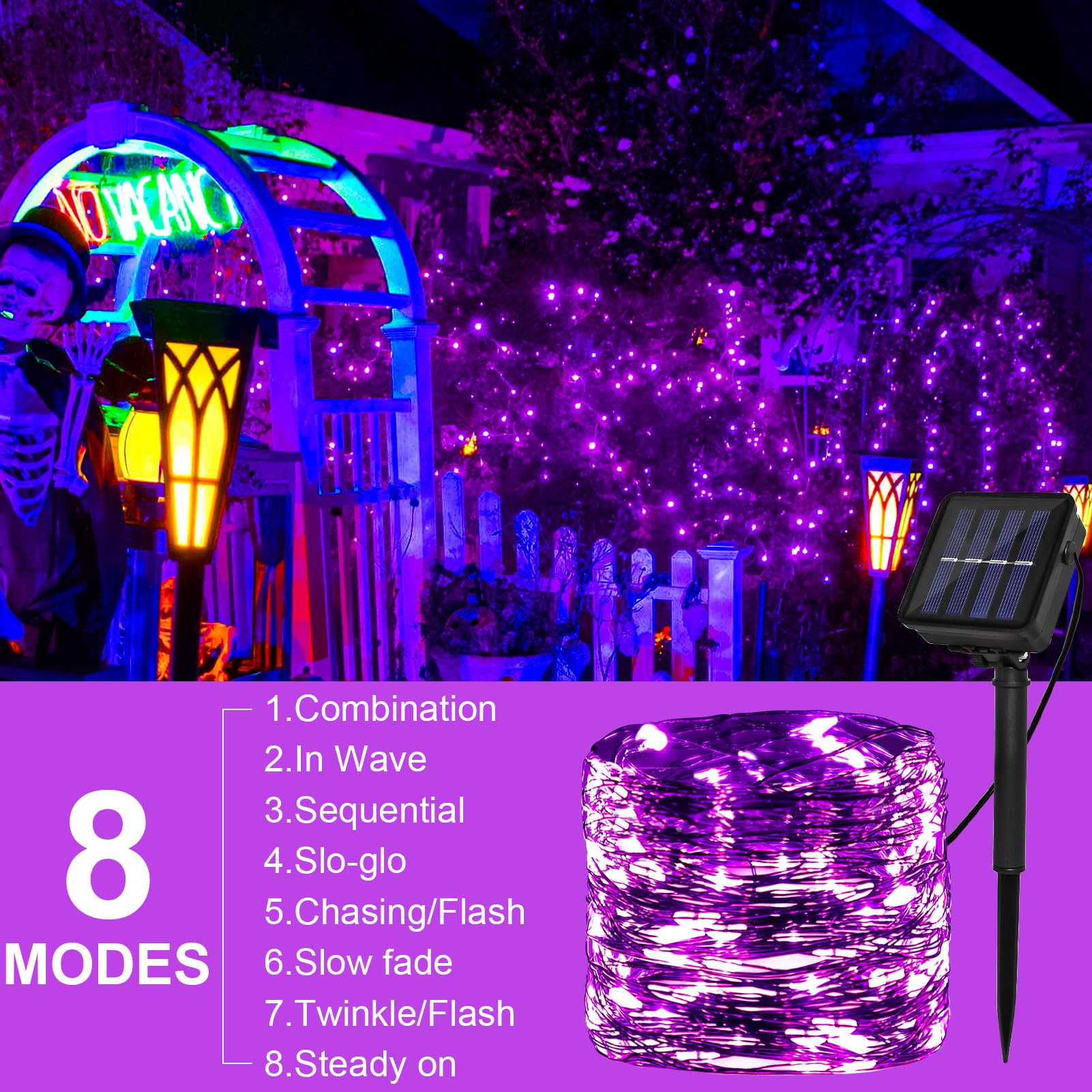 DAYLIGHTIR Solar Powered String Lights, 200 LED, 66FT, 8 Modes, Purple, 2 Pack for Halloween, Garden, Patio, Party, Christmas