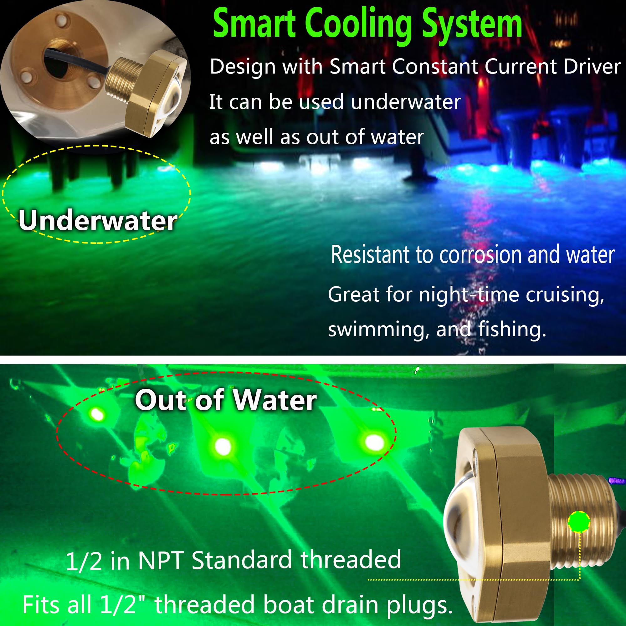 NBWDY 1/2in NPT Boat Drain Plug Light, 4100LM LED, IP68 Waterproof, Green, Smart Cooling System for Fishing & Diving