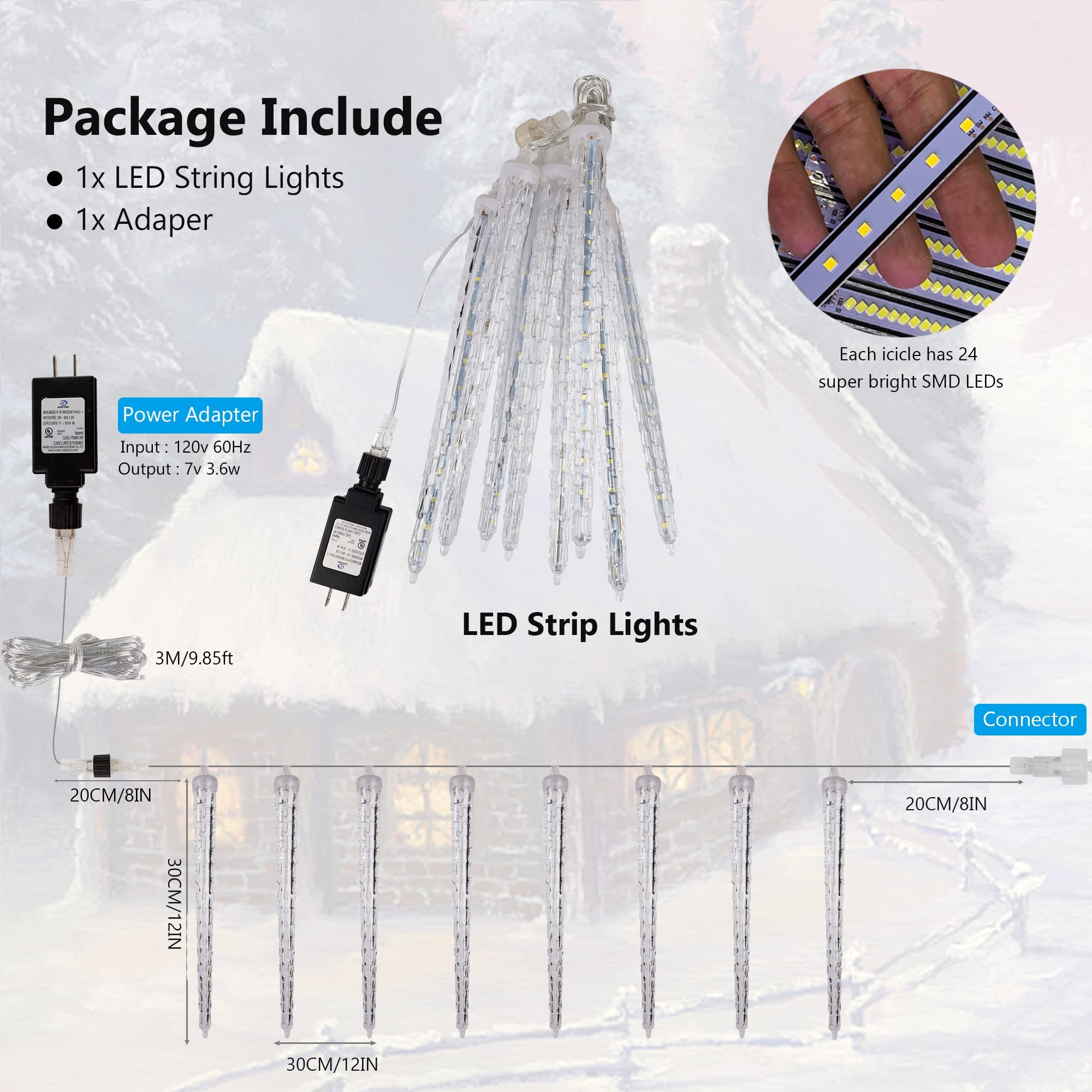 Waterglide Meteor Shower Lights, 12'' Outdoor Icicle Christmas Lights 8 Icicles 192 Smd Led Crystal Ice Falling Lights, Connecta