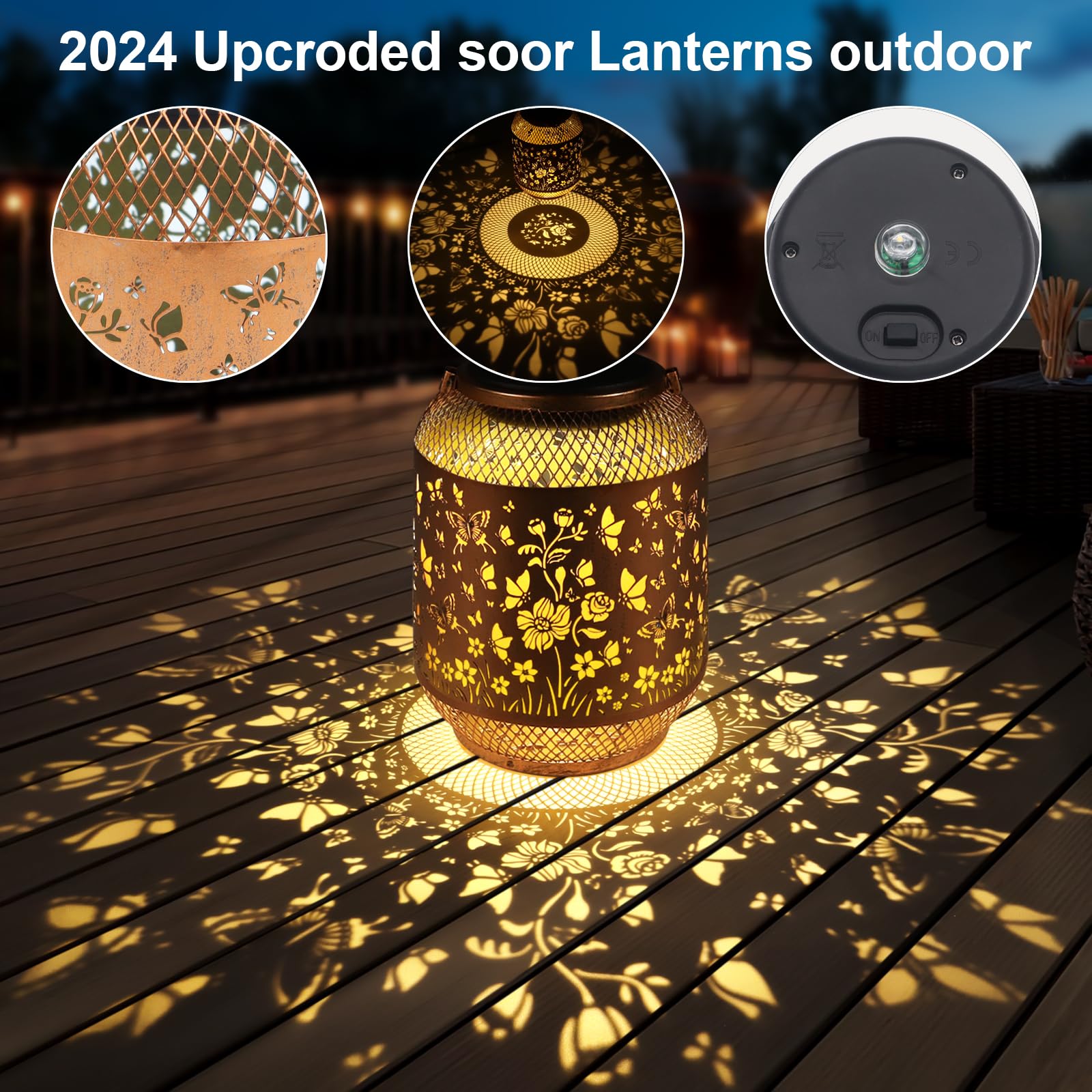 Doorkeer Solar Lanterns - 2 Pack Butterfly Swarm, Waterproof Metal Hanging Lights, Bronze Color, for Garden, Patio, Lawn, Backyard