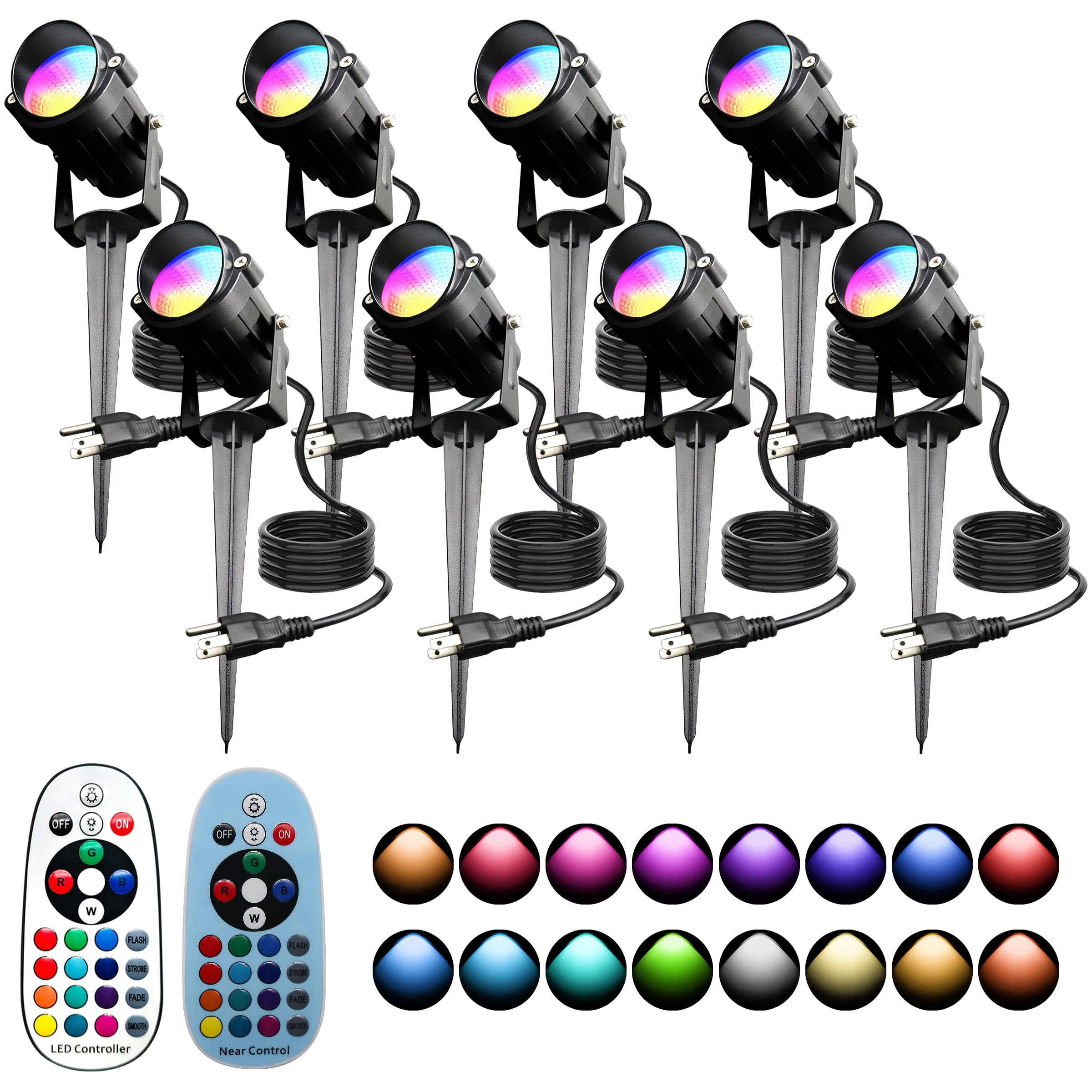 UPONELED RGBW Outdoor Spotlights, 12W IP65 Waterproof Landscape Lighting with Remote, 8Pack, Black, Model FBAUPDCD-120V