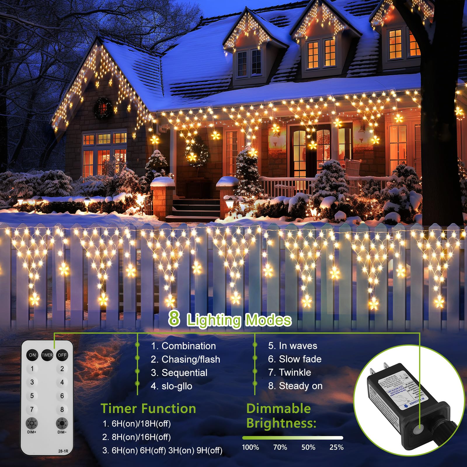 Miniao 218 Led Christmas Fairy Lights, 13.8Ft Curtain String Light, Warm White, 8 Modes