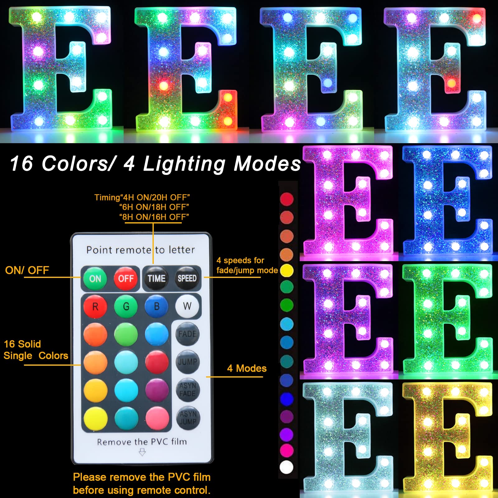 Pooqla LED Marquee Letter Light, Colorful Glitter Night Light, Model S-RGB Silver-E, Battery Operated, Multicolor for Parties & Decor
