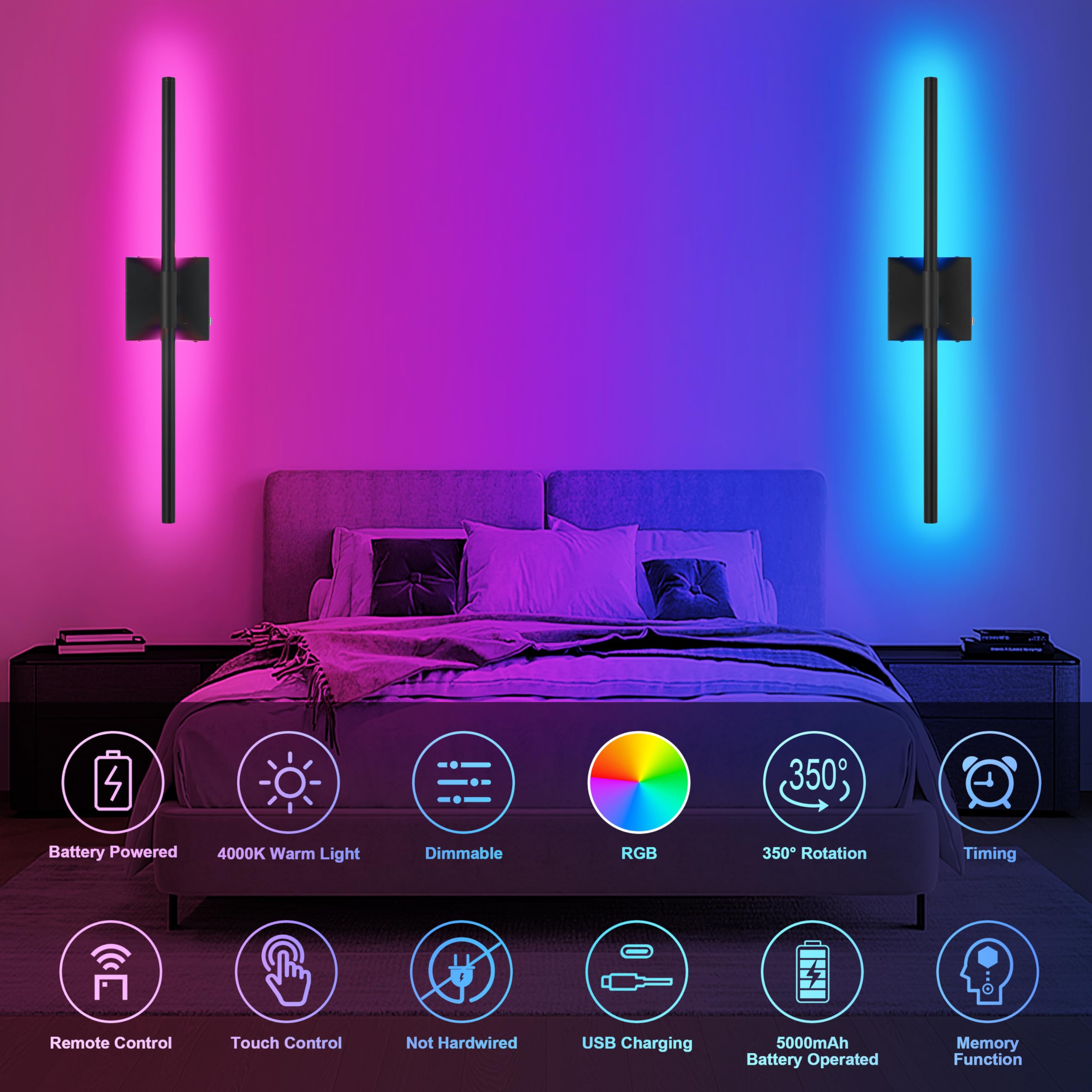 Morauroral RGB Lighting Wall Sconces, Dimmable Rechargeable, 24" Black LED, Set of 2, Modern Wireless Lights for Bedroom & Living Room