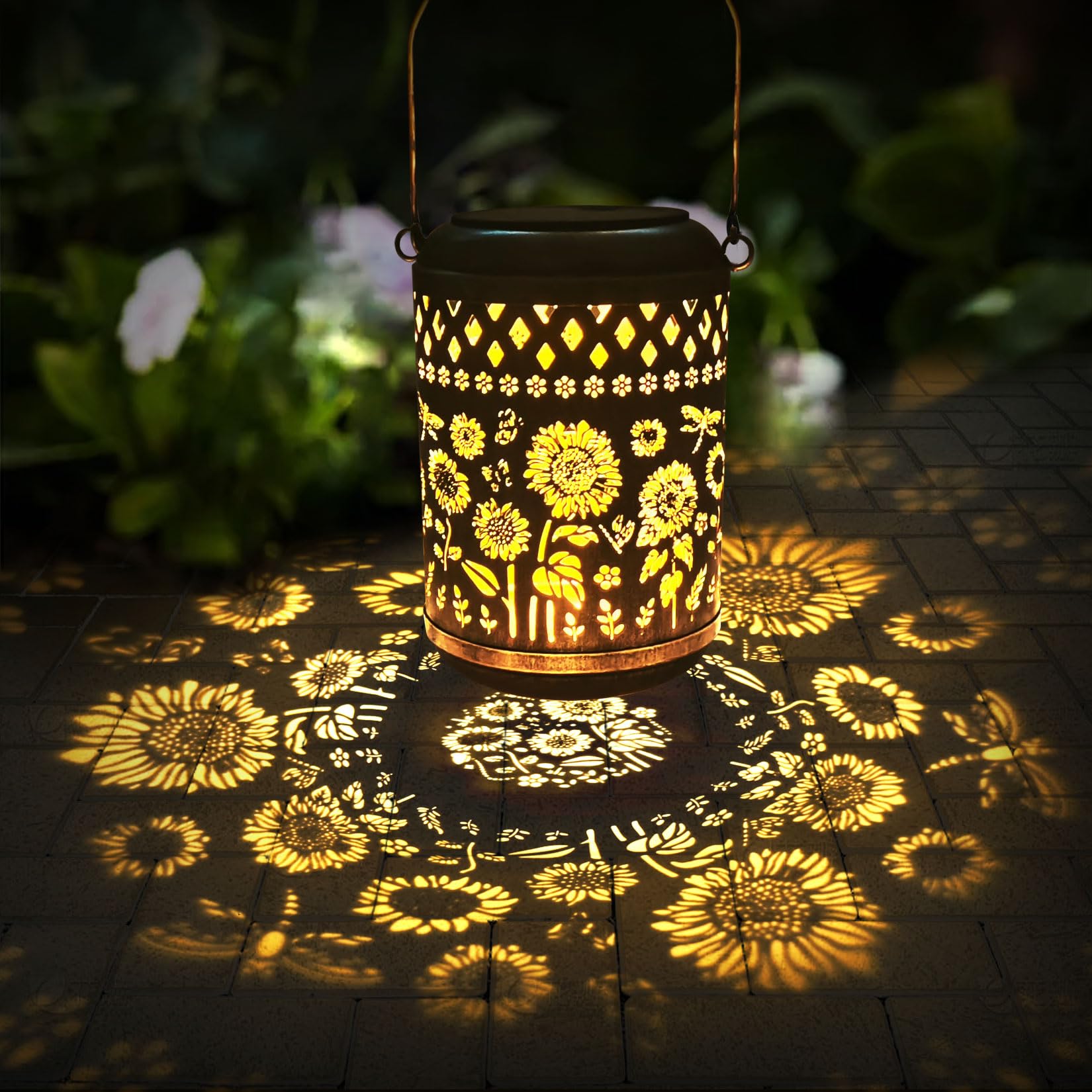 Kaixoxin Solar Garden Decor Metal Lantern Sunflower Table Lamp Bronze Outdoor Dercoration Great Gift For Women Mon Grandma Hangi