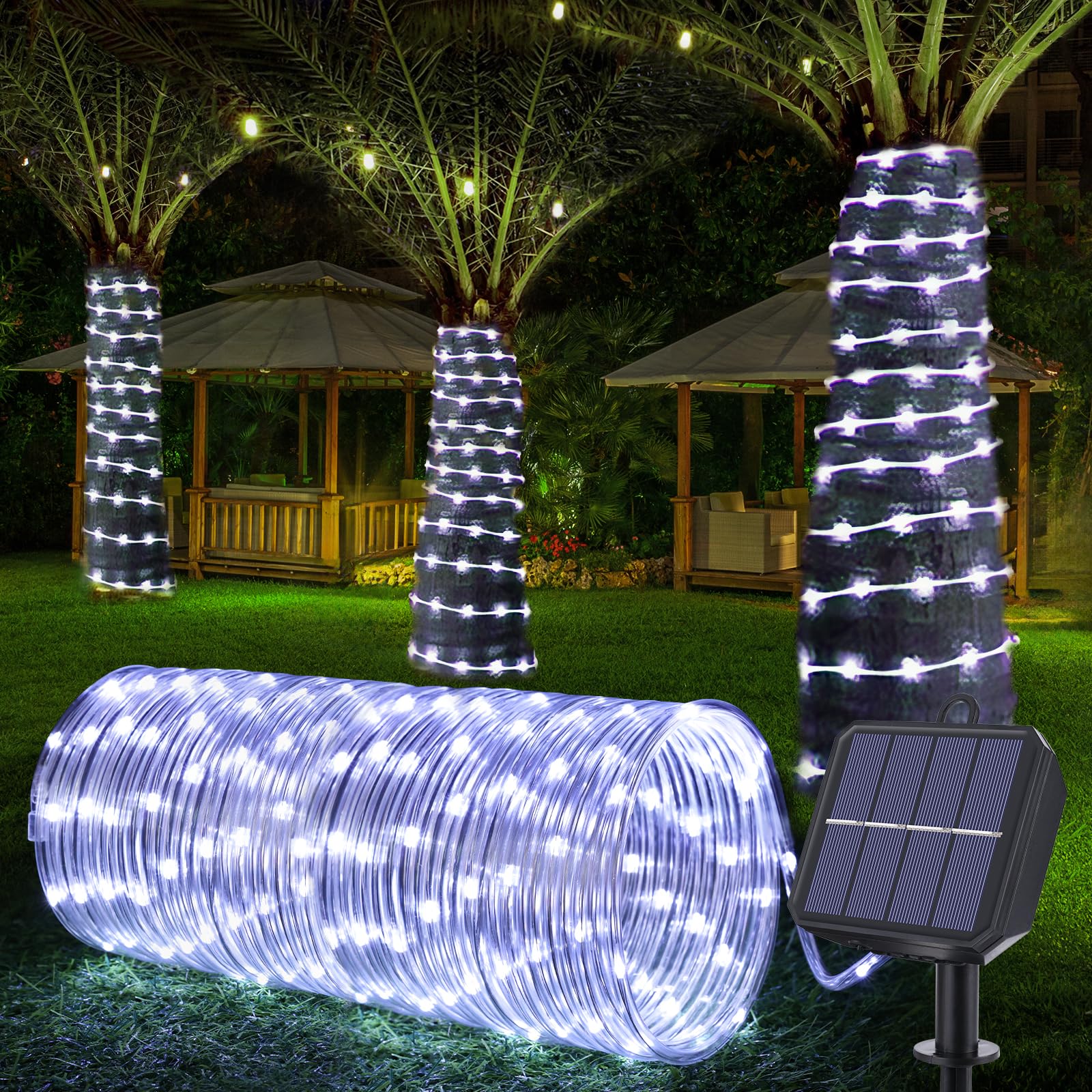 Jnaurb Solar Rope Lights, 66ft 200LED, Waterproof, 8 Modes, Outdoor Decorative Light, White