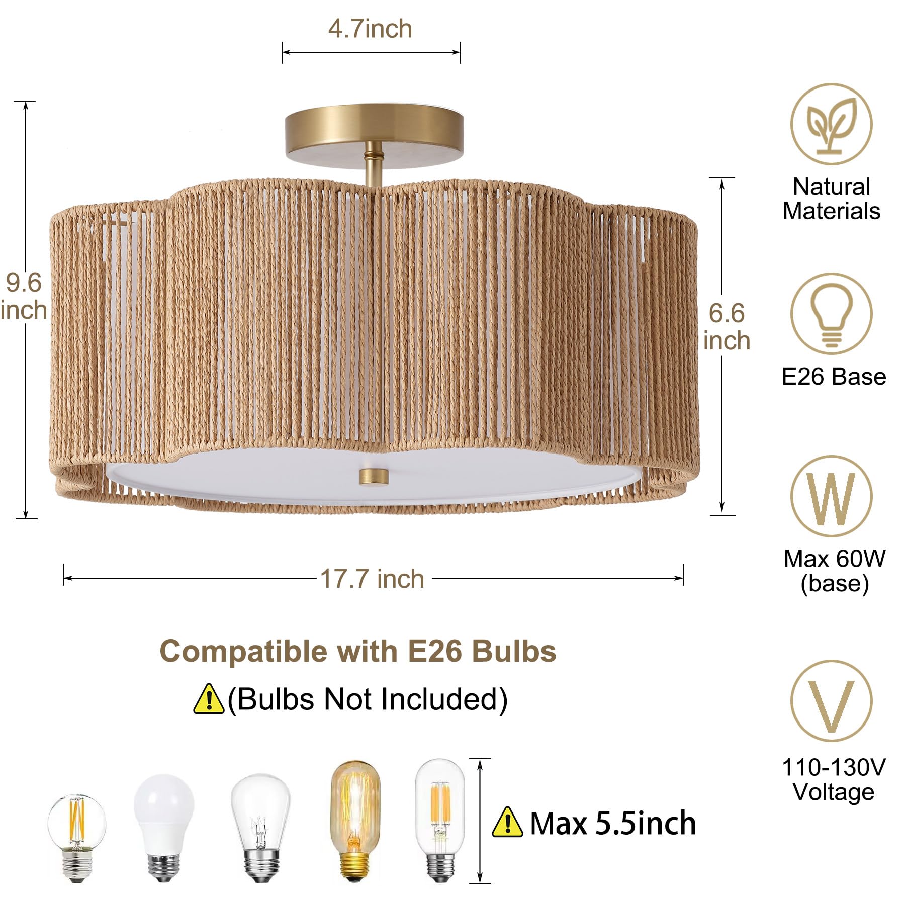 Giutna 17.7" Rattan Flush Mount Ceiling Light, 3-Light Boho Fixture, Yellow Drum Chandelier for Dining Room, Kitchen, Hallway