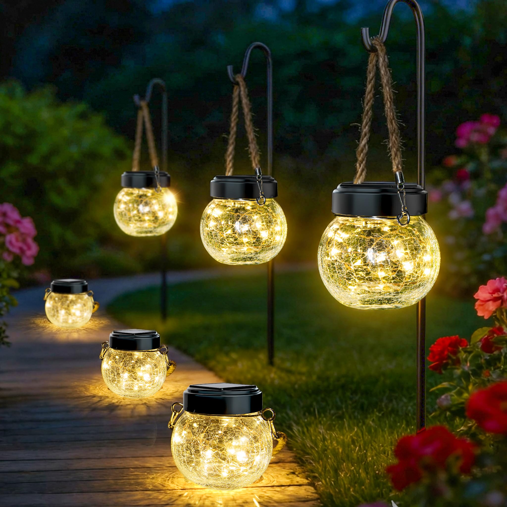 ROSHWEY 6 Pack M Size Solar Lantern Gifts for Women, Hanging Garden Decor Solar Lights Outdoor Waterproof with 15 LED for Hallow