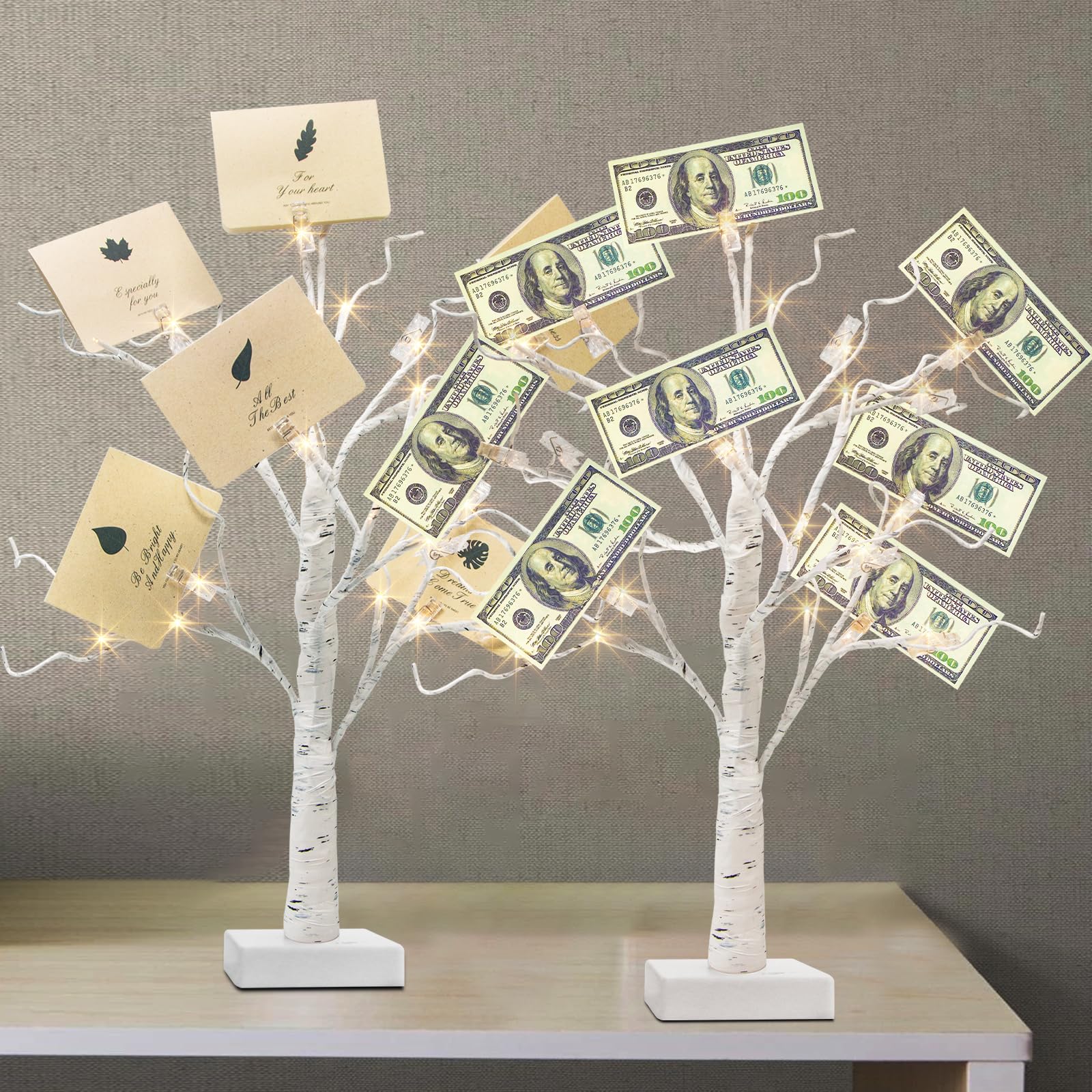 PEIDUO Money Tree Gift Holder Set of 2, Lighted 22Inch, 24LT White with Clips and Cards, Transparent/White