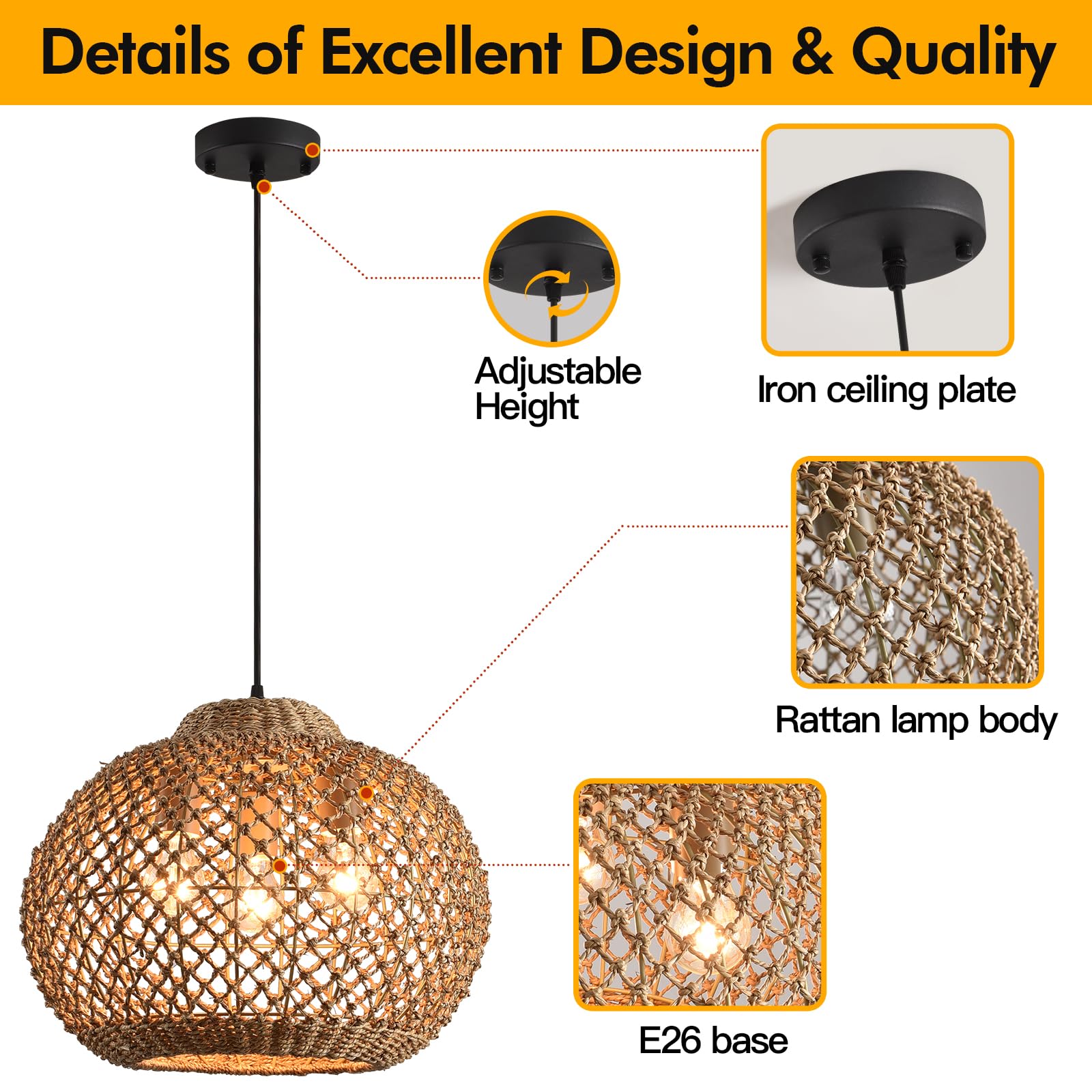 Lhjihfu3- Light 16.94'' Rattan Pendant Light Fixture, Ceiling Hanging Handmade Woven Wicker Bohemian Lighting Adjustable Height