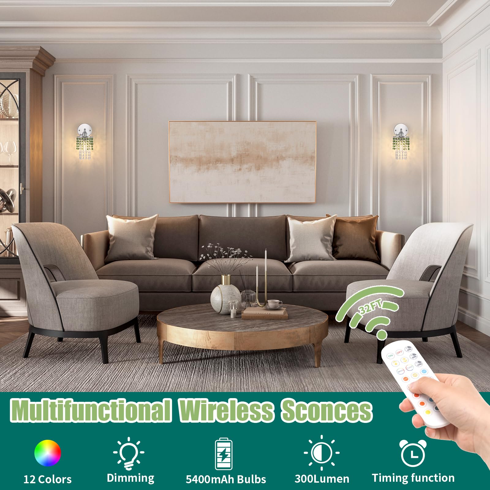 Shenmoyl Crystal Wall Sconce Set of 2, Rechargeable Dimmable Wireless Lamp, 5400mAh Battery, Green-Silver Base, Modern Design