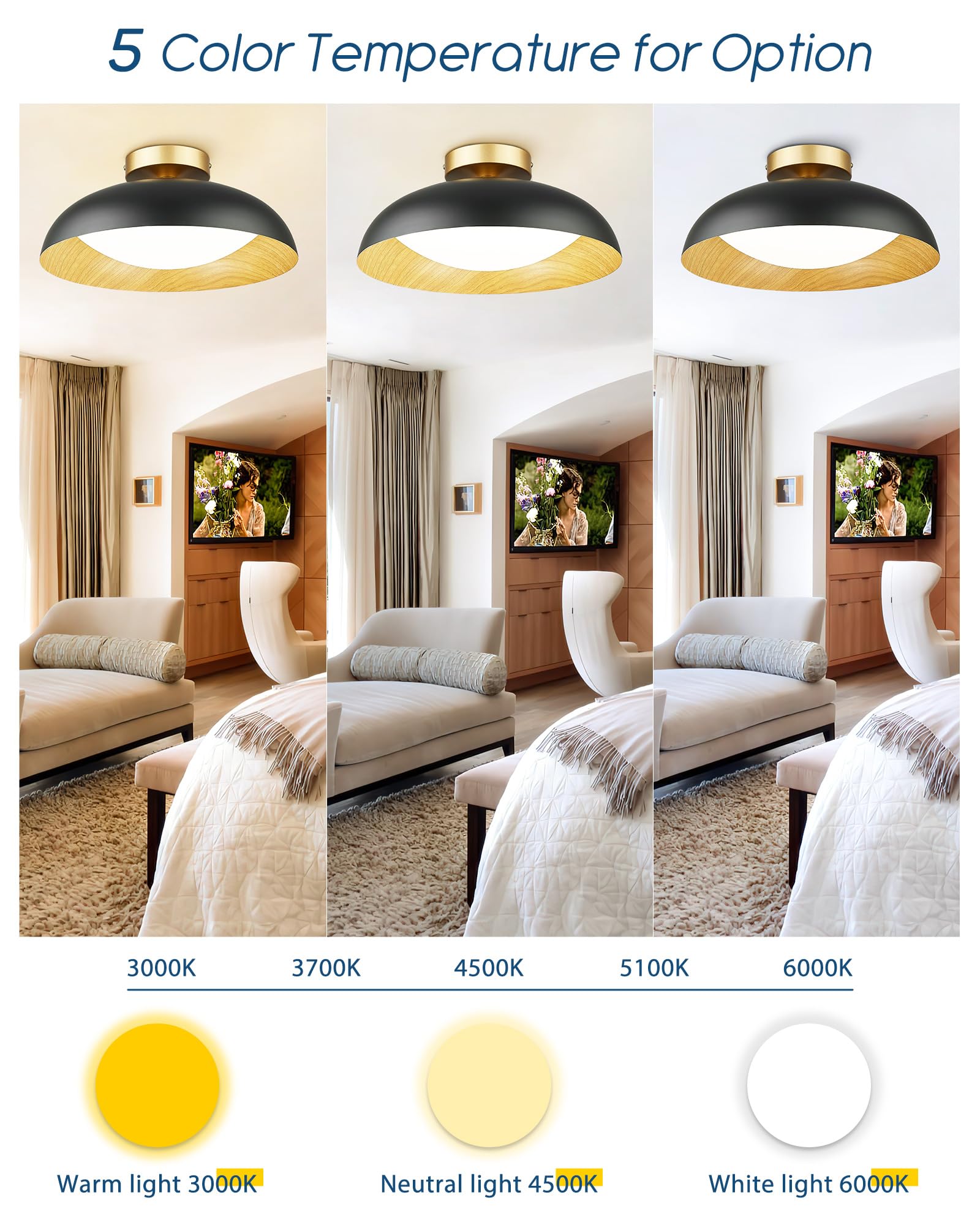 Kudos 15-Inch Ceiling Light,Flush Mount Ceiling Light With Painted Wood-Grain And Black Finish, 24W/1300Lm Light Fixtures Ceiling Mount For Kitchen,Bedroom,Hallway,5Cct,Kdcl10-Bk-L