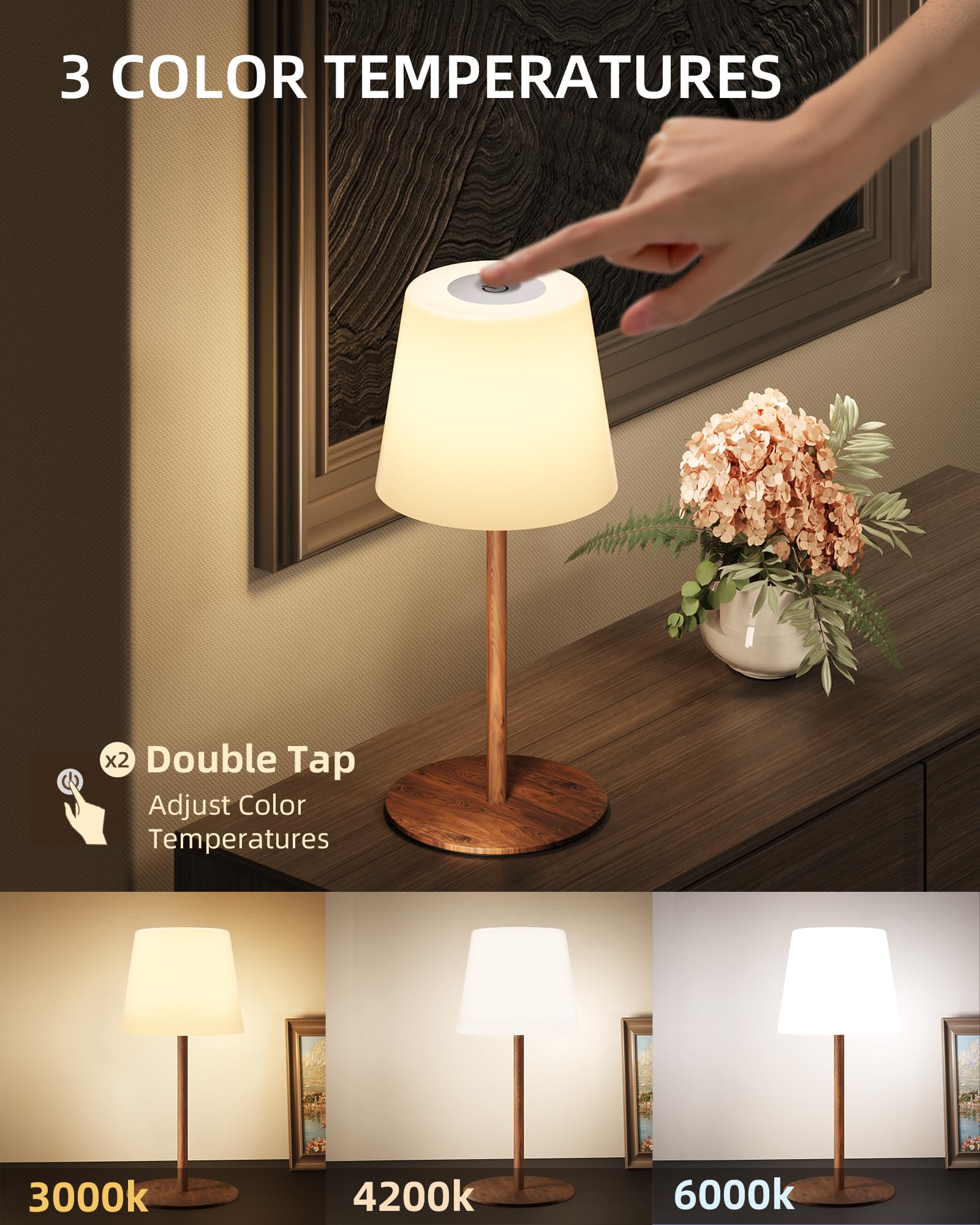 EZVALO Cordless Table Lamp - IP65 Waterproof, 2 Pack, Rechargeable with 4500mAh Battery, Dimmable LED Night Light in Wood Grain