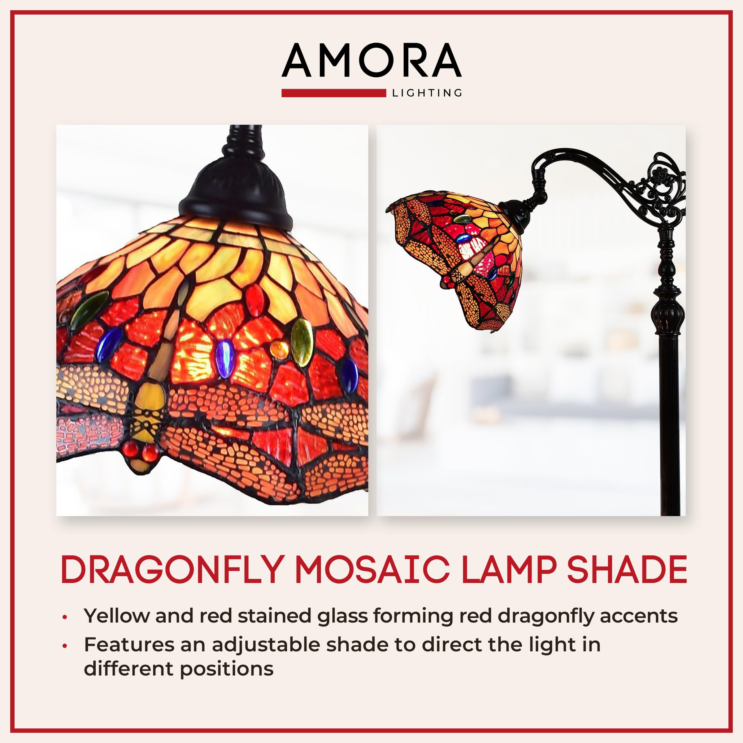 Amora Tiffany Style Floor Lamp, Arched, 62in Tall, Stained Glass, Red Yellow Green, Model AM079FL10B, 10 Inch Diameter