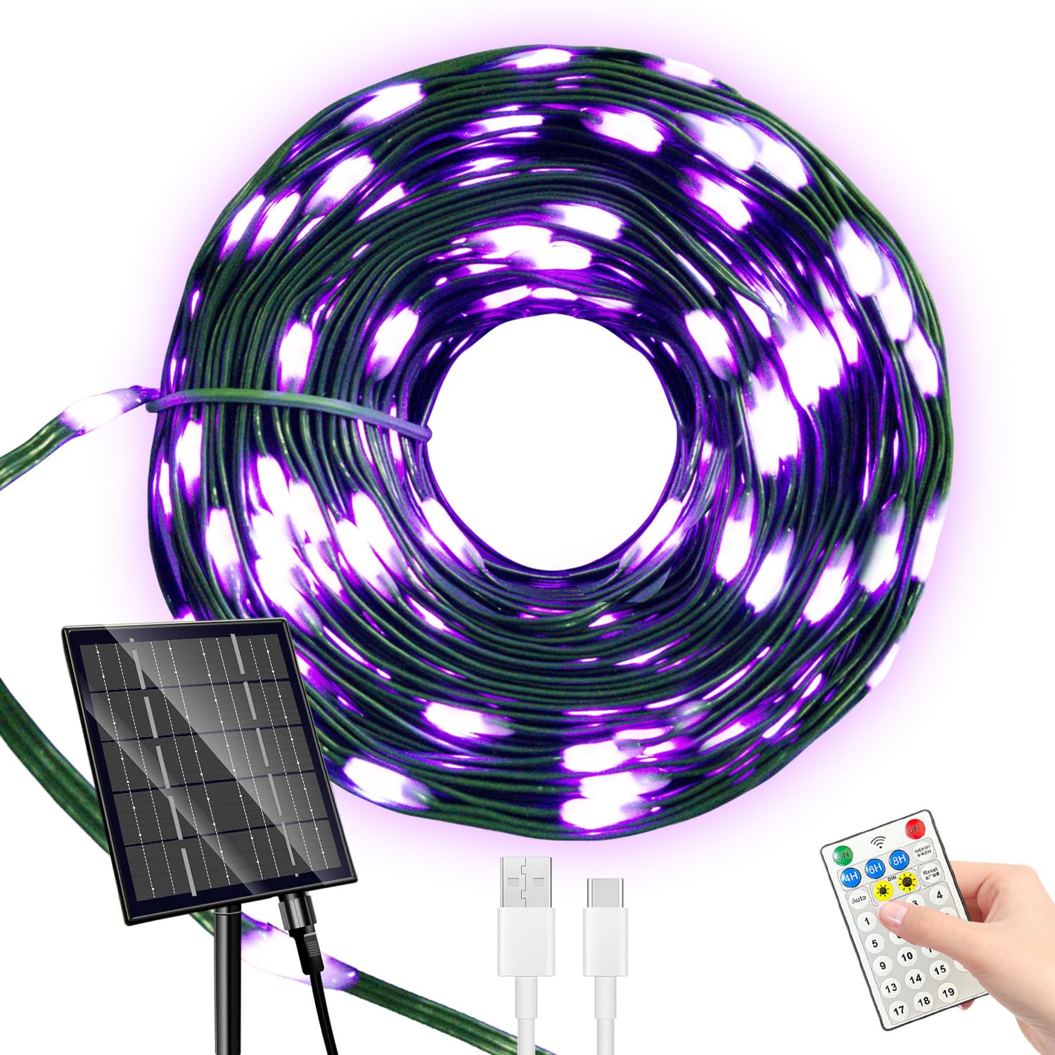 SOLARBABY Solar String Lights, 500 LED, 164FT, Purple, 19 Modes, Outdoor Halloween Decoration