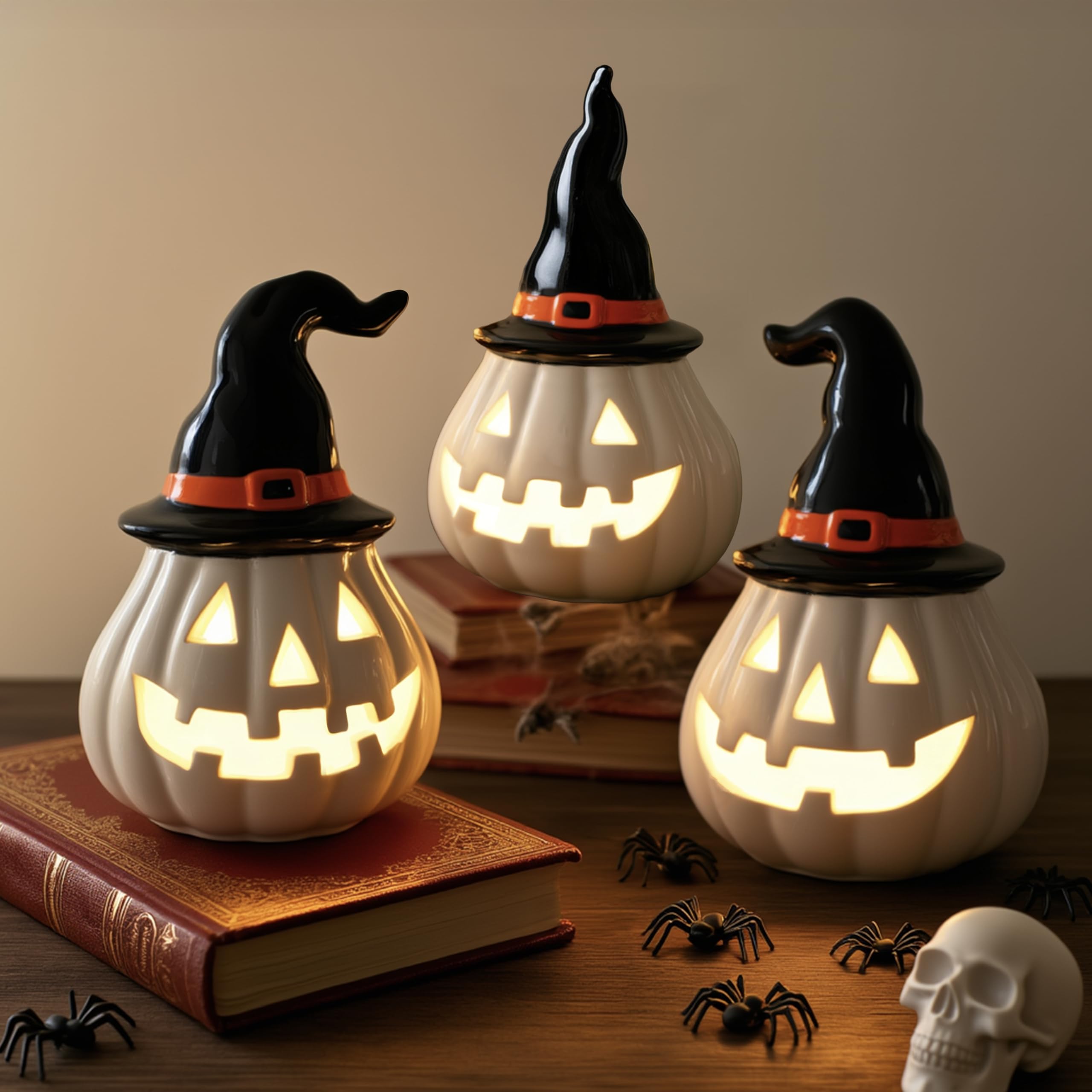 Nerosun 3 Pack Halloween Light Up Pumpkin Decorations  Ceramic Battery Operated Lighted Jack O Lantern Figurines  Spooky Halloween Ornaments For Indoor Home Fireplace Tabletop Centerpieces