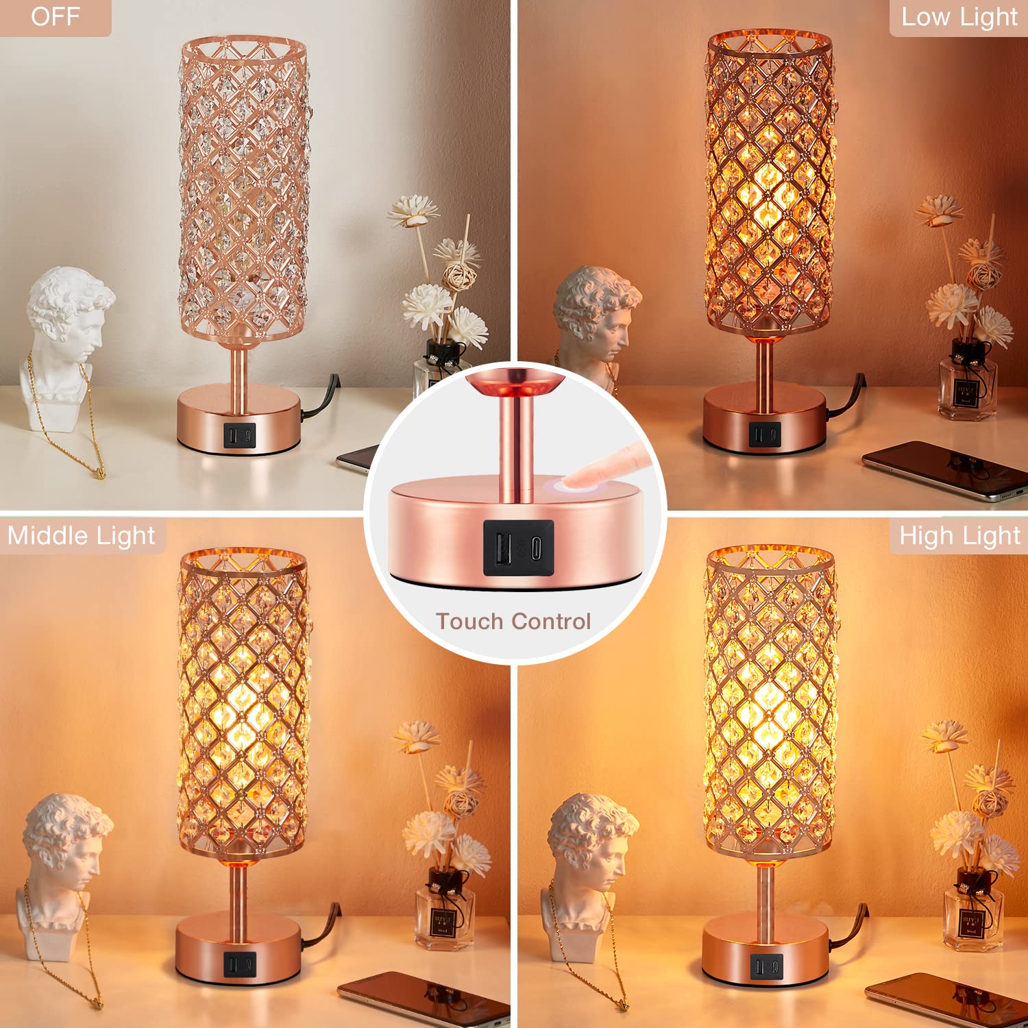 Hong-In Rose Gold Crystal Table Lamp, Usb C+A, 3-Way Dimmable Touch, Bulb Included