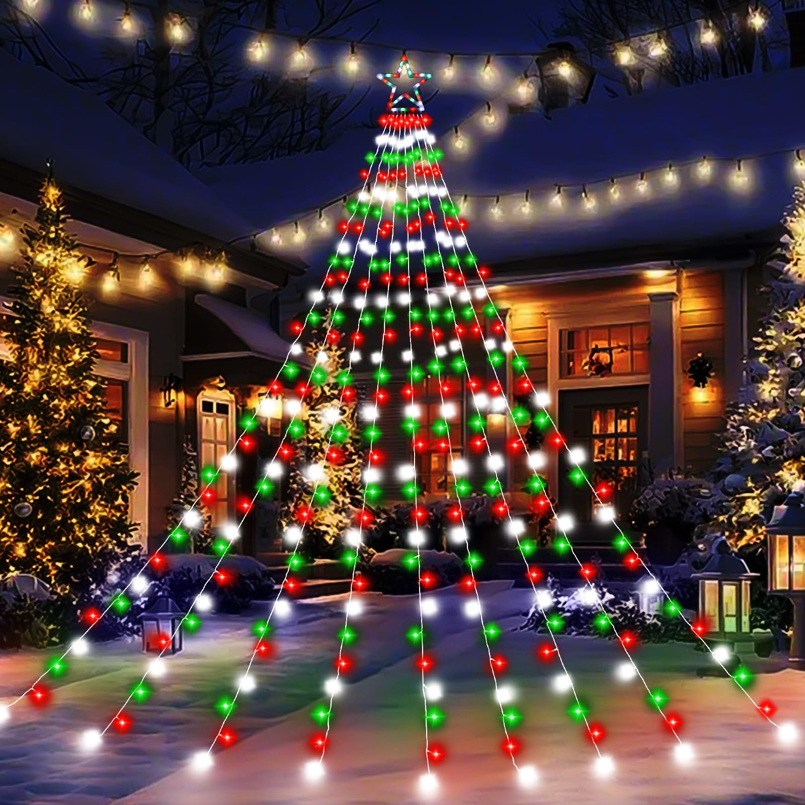 Cerflyer Outdoor Christmas Decorations String Lights  320 Led 11.5 Ft Waterfall Tree Lights With Star Topper 8 Lighting Modes Christmas Light For Indoor Outdoor Yard Home Festival Xmas New Year Decor