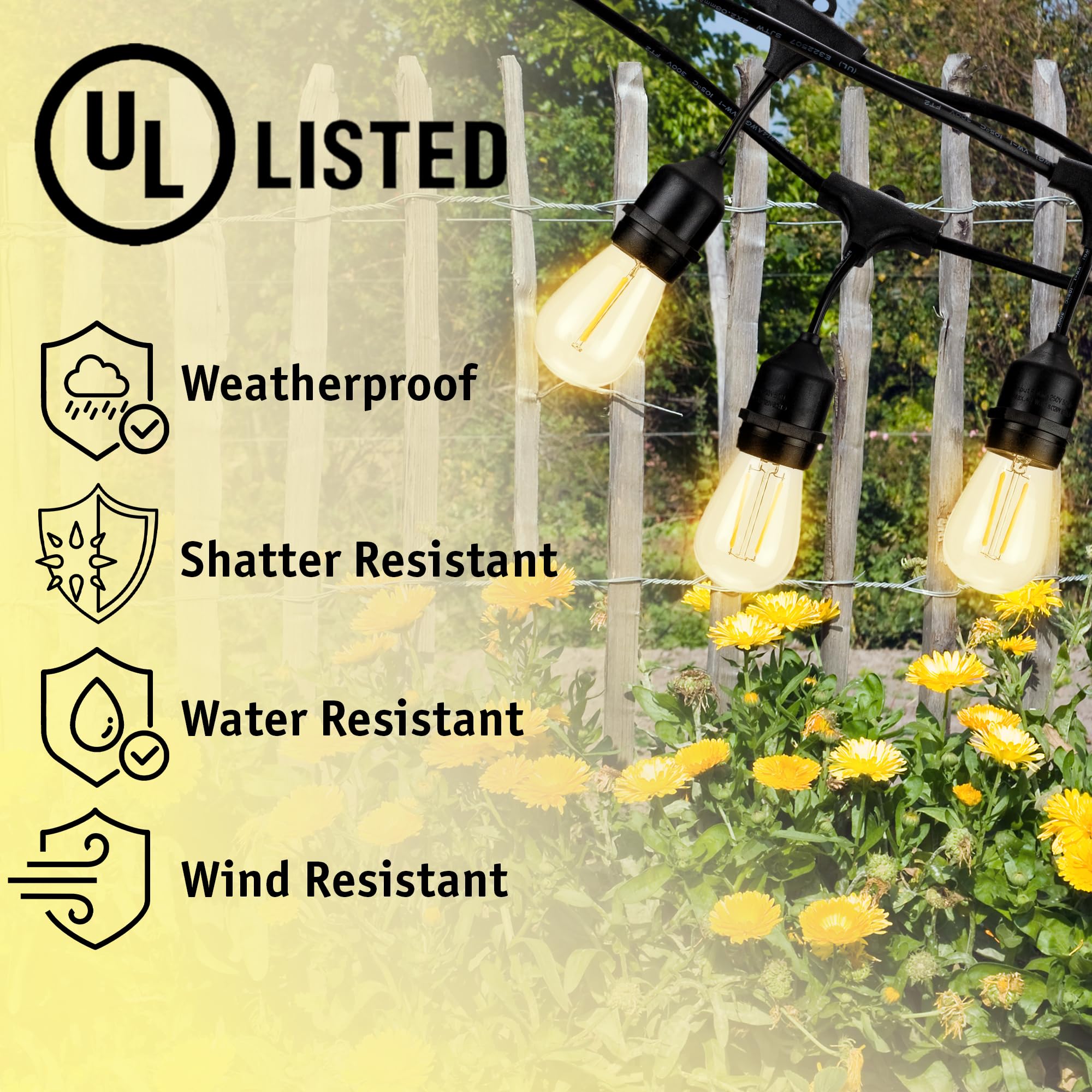 HLO Lighting LED Outdoor Patio String Lights, 46ft, 16 Dimmable Edison Bulbs, Weatherproof, Black