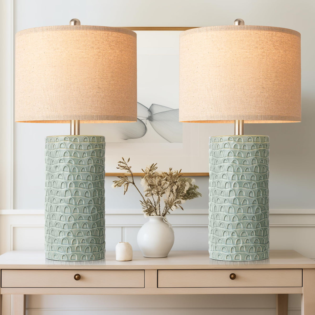 PARTPHONER 23'' Modern Ceramic Table Lamp Set of 2, Table Lamps for Living Room, Rustic Farmhouse Bedside Lamps Nightstand lamp 