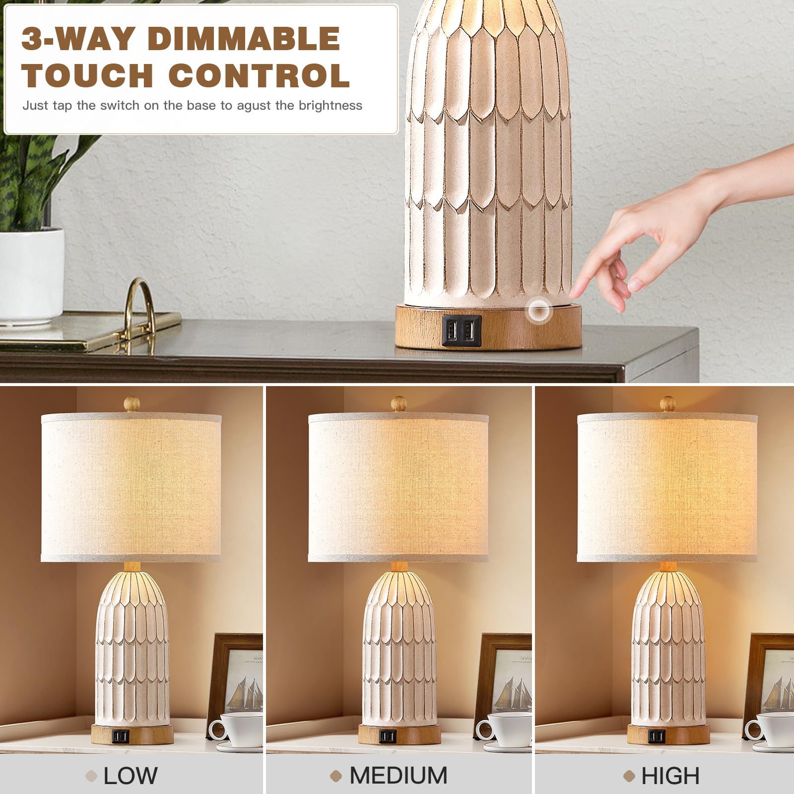 Cinkeda 3-Way Dimmable Touch Table Lamps Set Of 2 With Usb Ports, Cream Vintage Boho