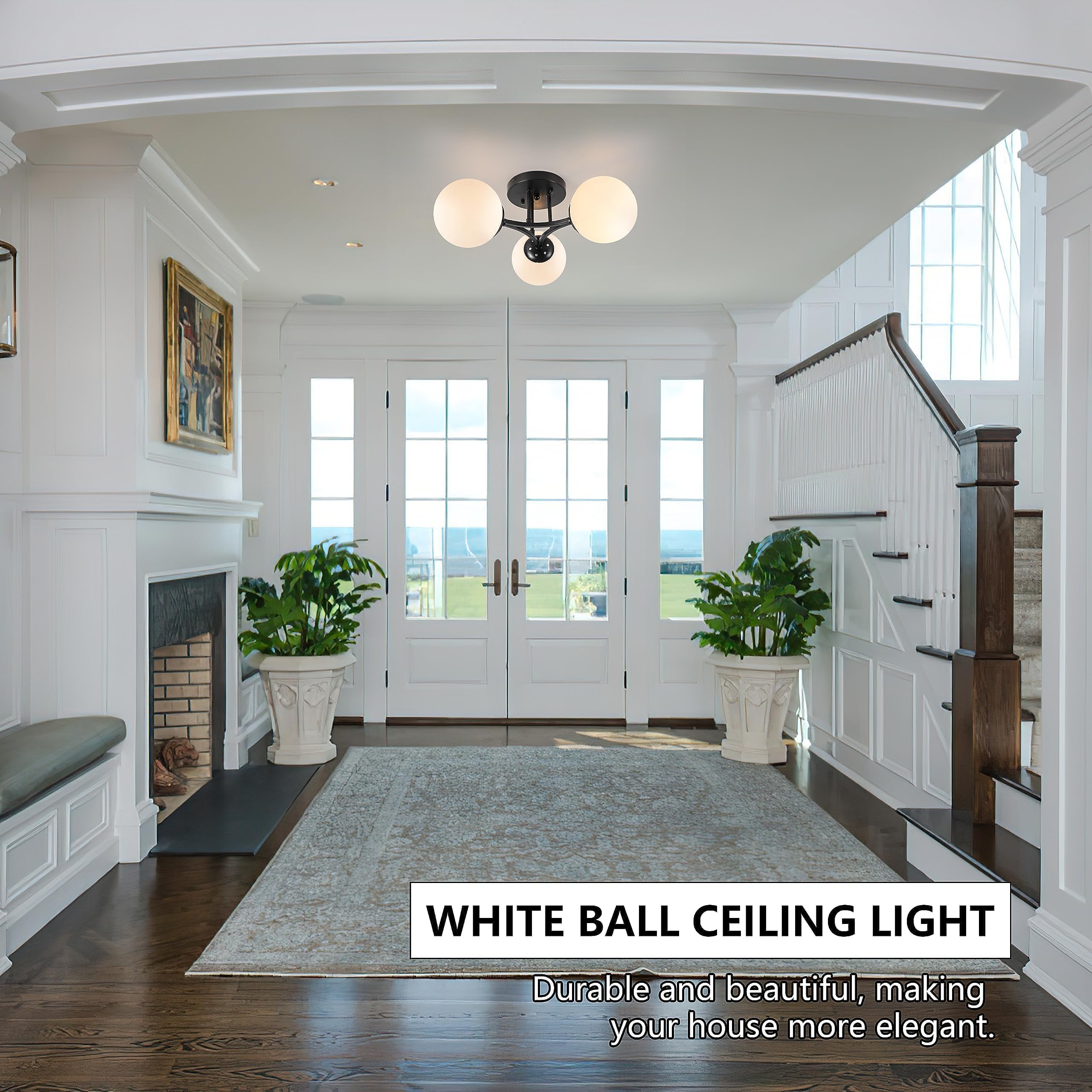 Bagood 3 Lights Modern Globe Ceiling Light Semi Flush Mount Ceiling Light Mid Century Ceiling Light Sputnik Light Fixture Chandeliers Frosted Glass Matte Black Chandeliers For Hallway Laundry Bedroom